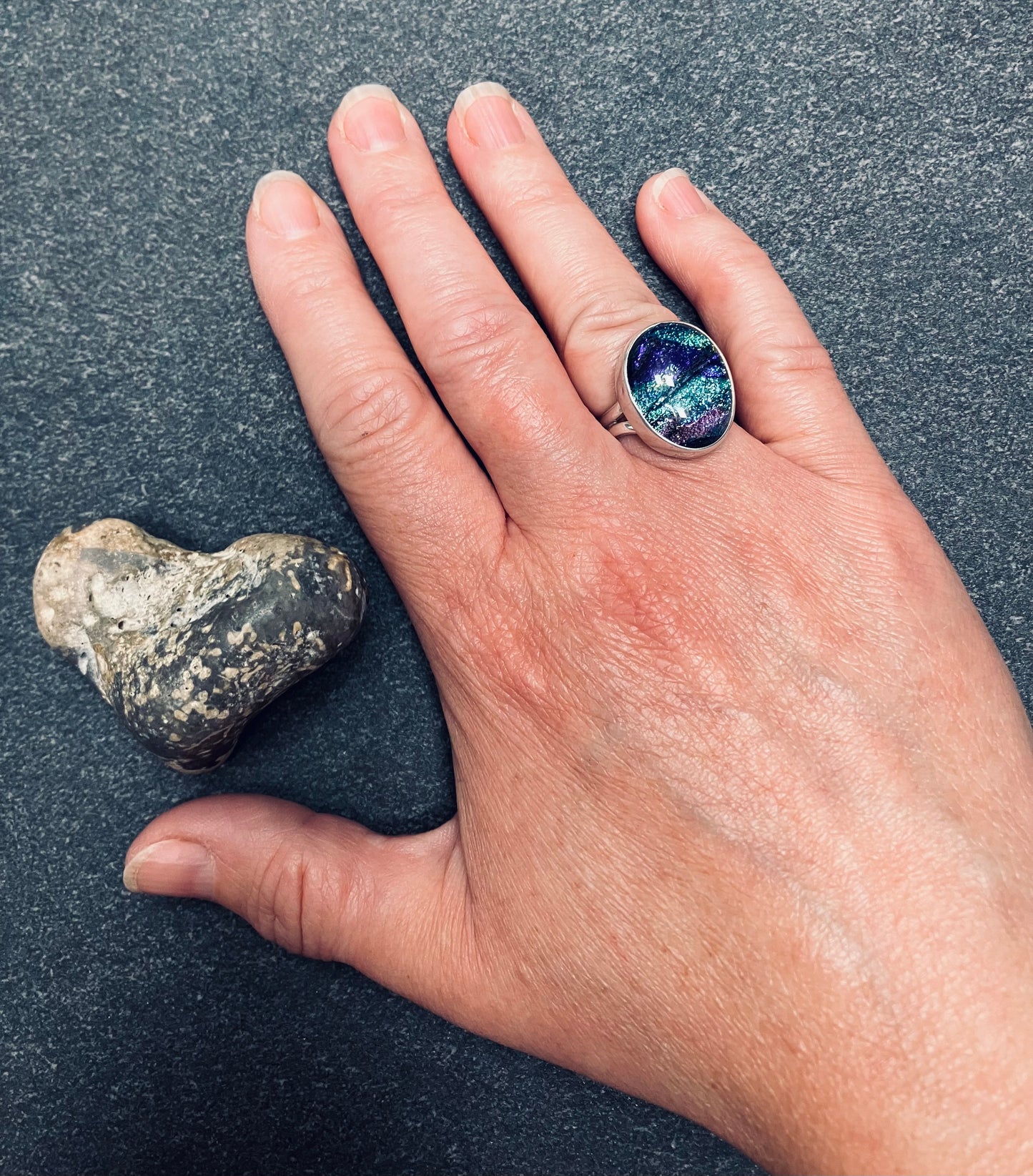 Vintage sterling silver and dichroic glass ring.