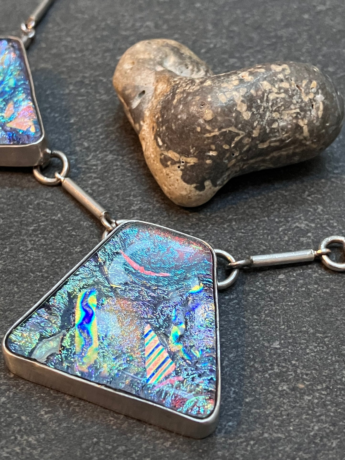 Truly spectacular vintage sterling silver and dichroic glass necklace.
