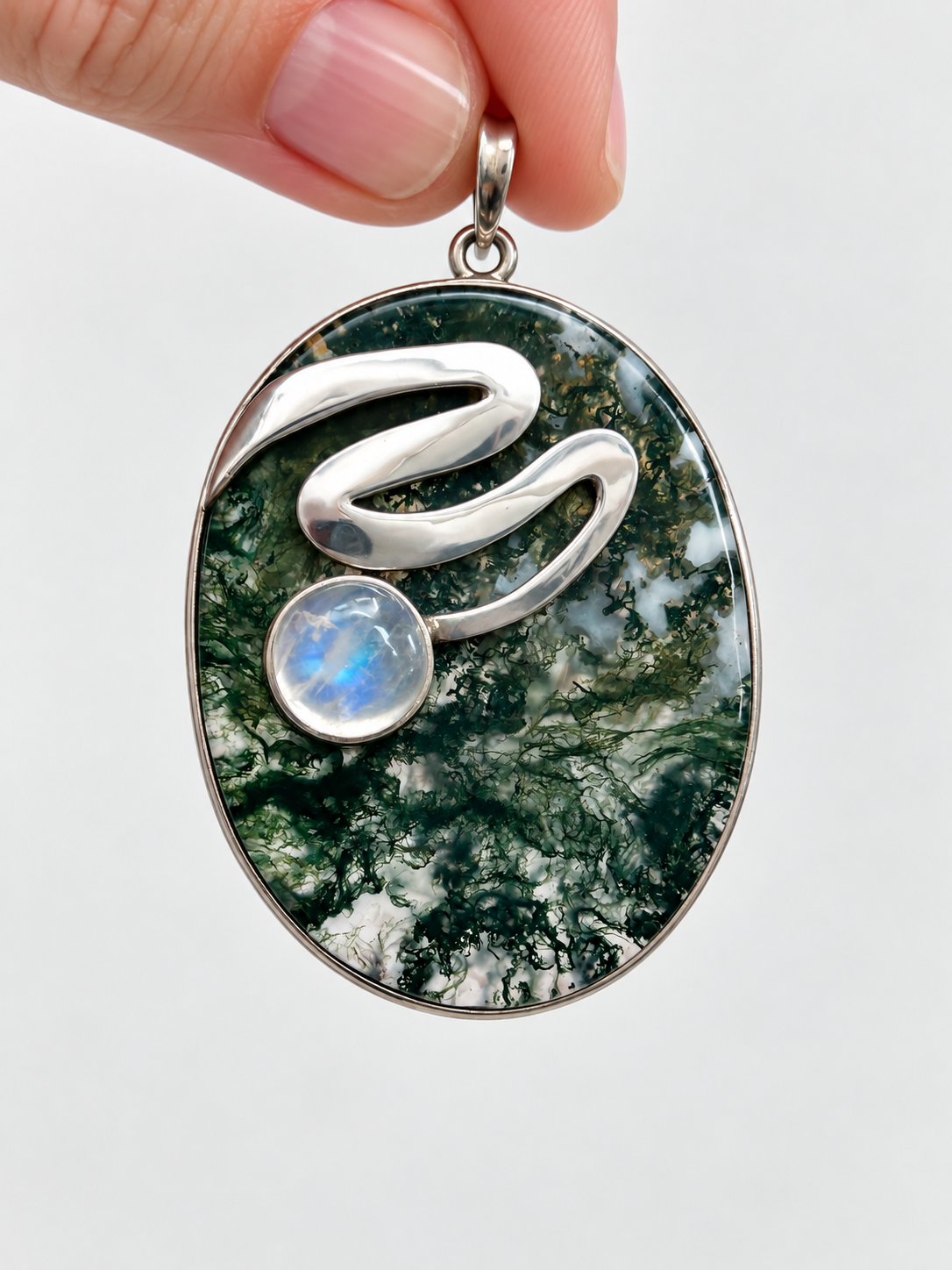 Moss Agate & Moonstone Statement Pendant
