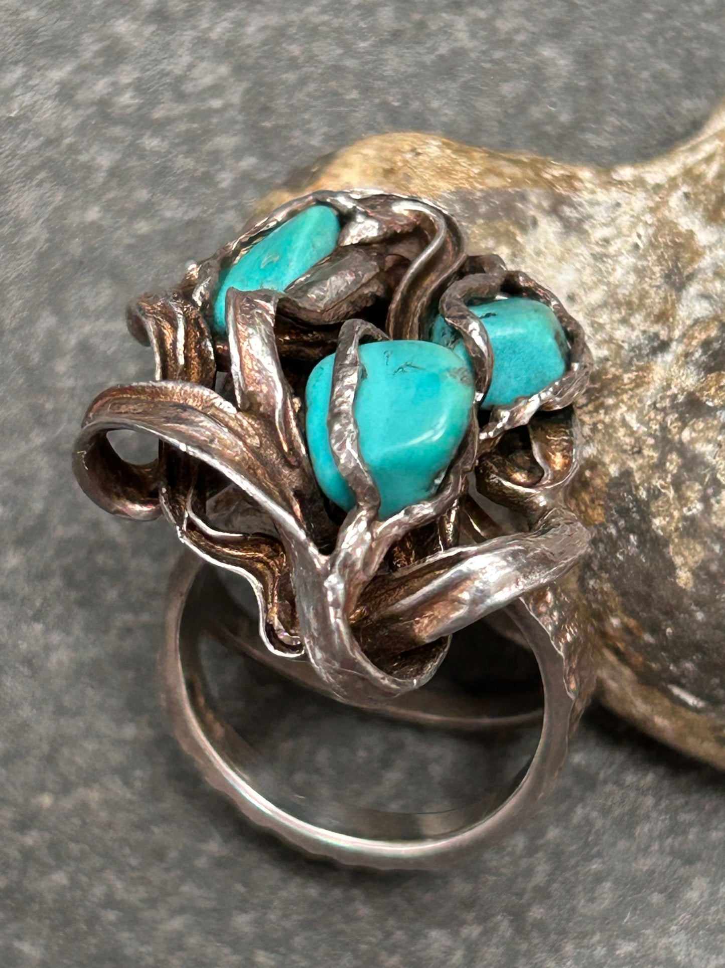 Vintage brutalist sterling and turquoise ring.