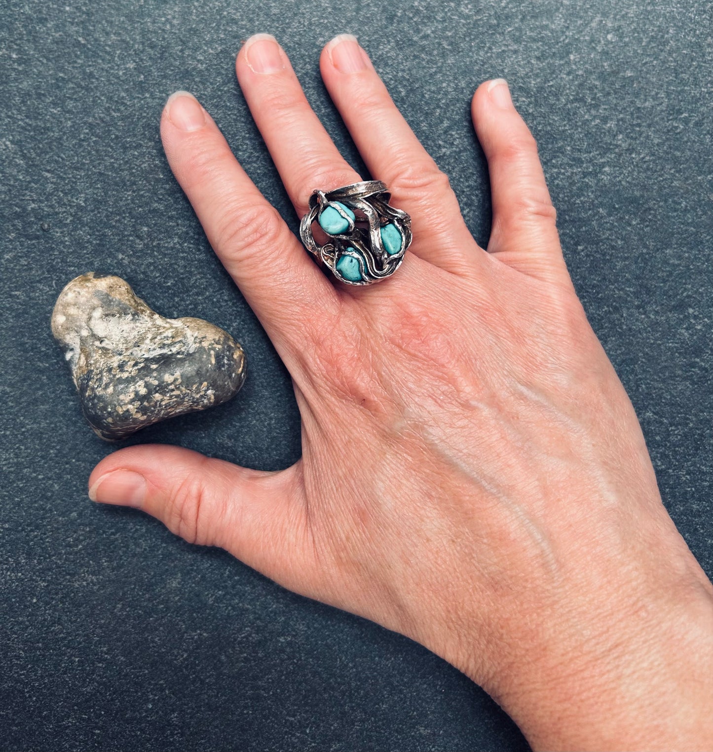 Vintage brutalist sterling and turquoise ring.