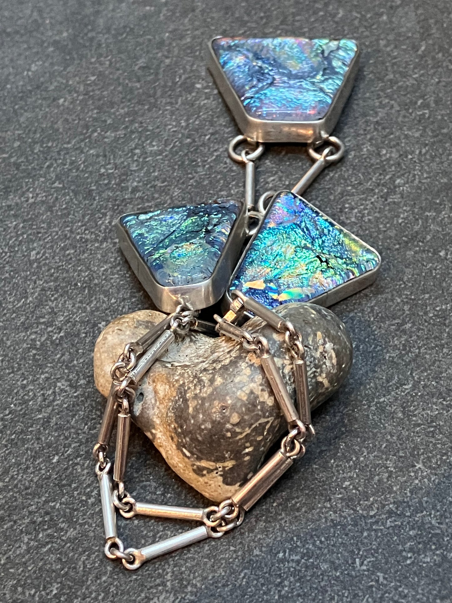 Truly spectacular vintage sterling silver and dichroic glass necklace.