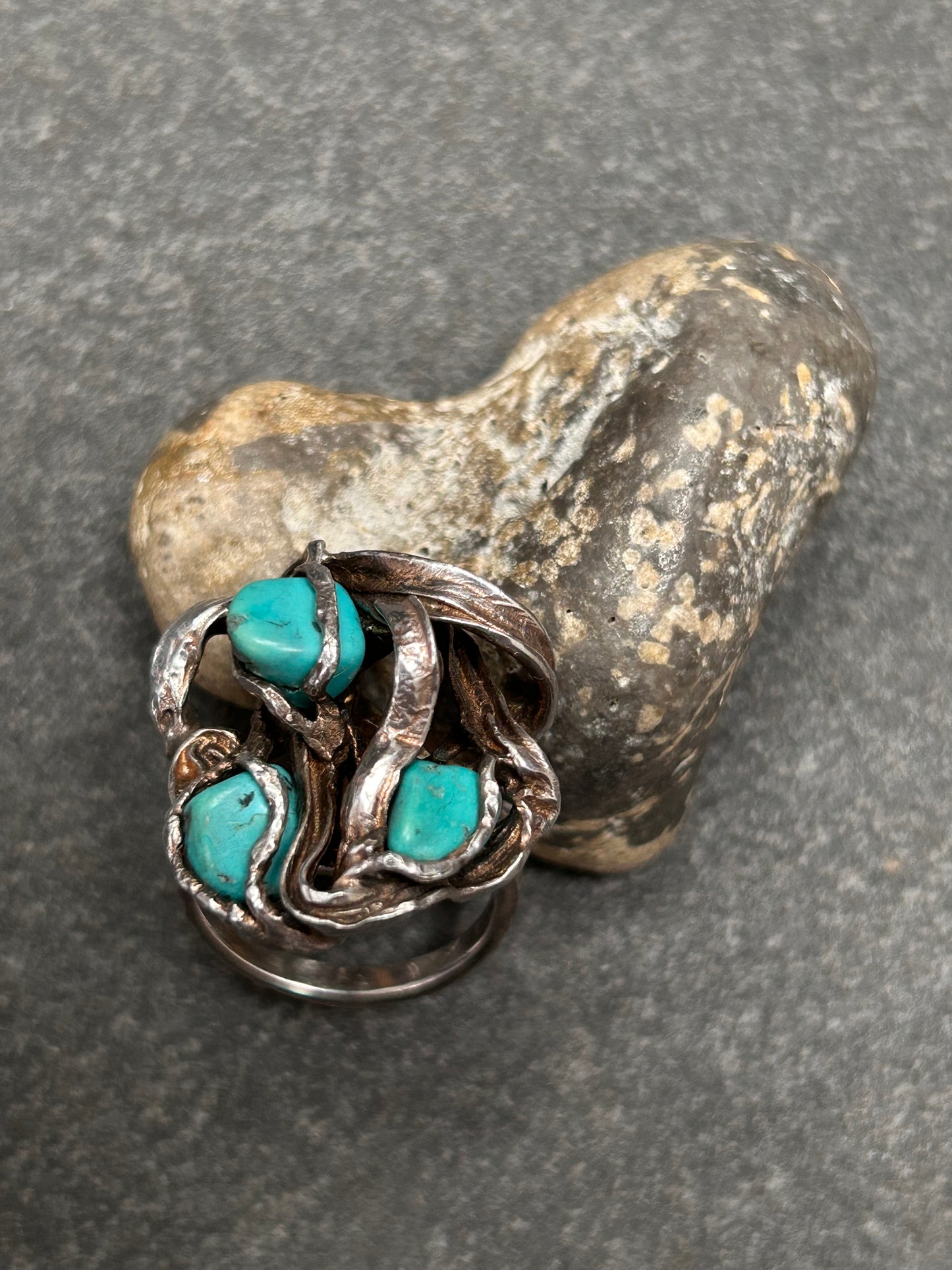 Vintage brutalist sterling and turquoise ring.
