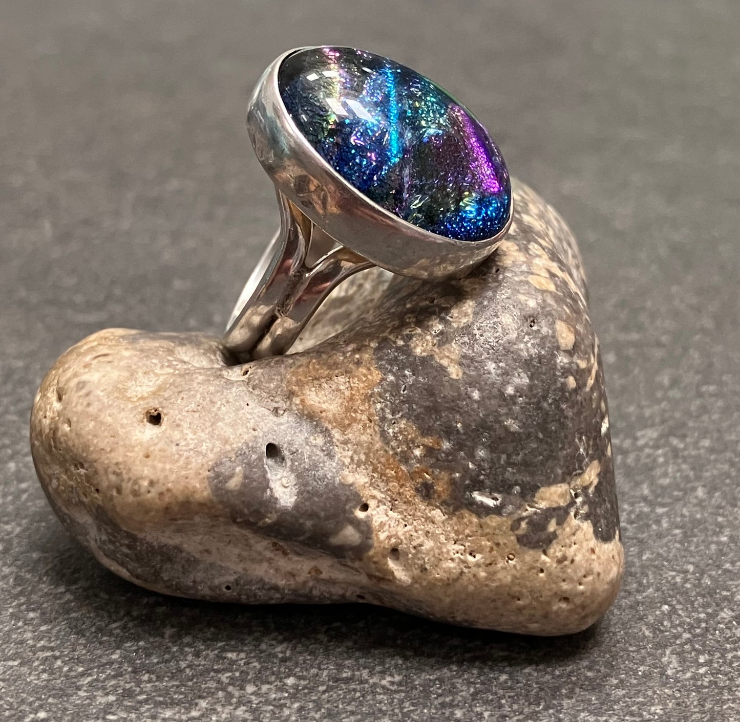 Vintage sterling silver and dichroic glass ring.