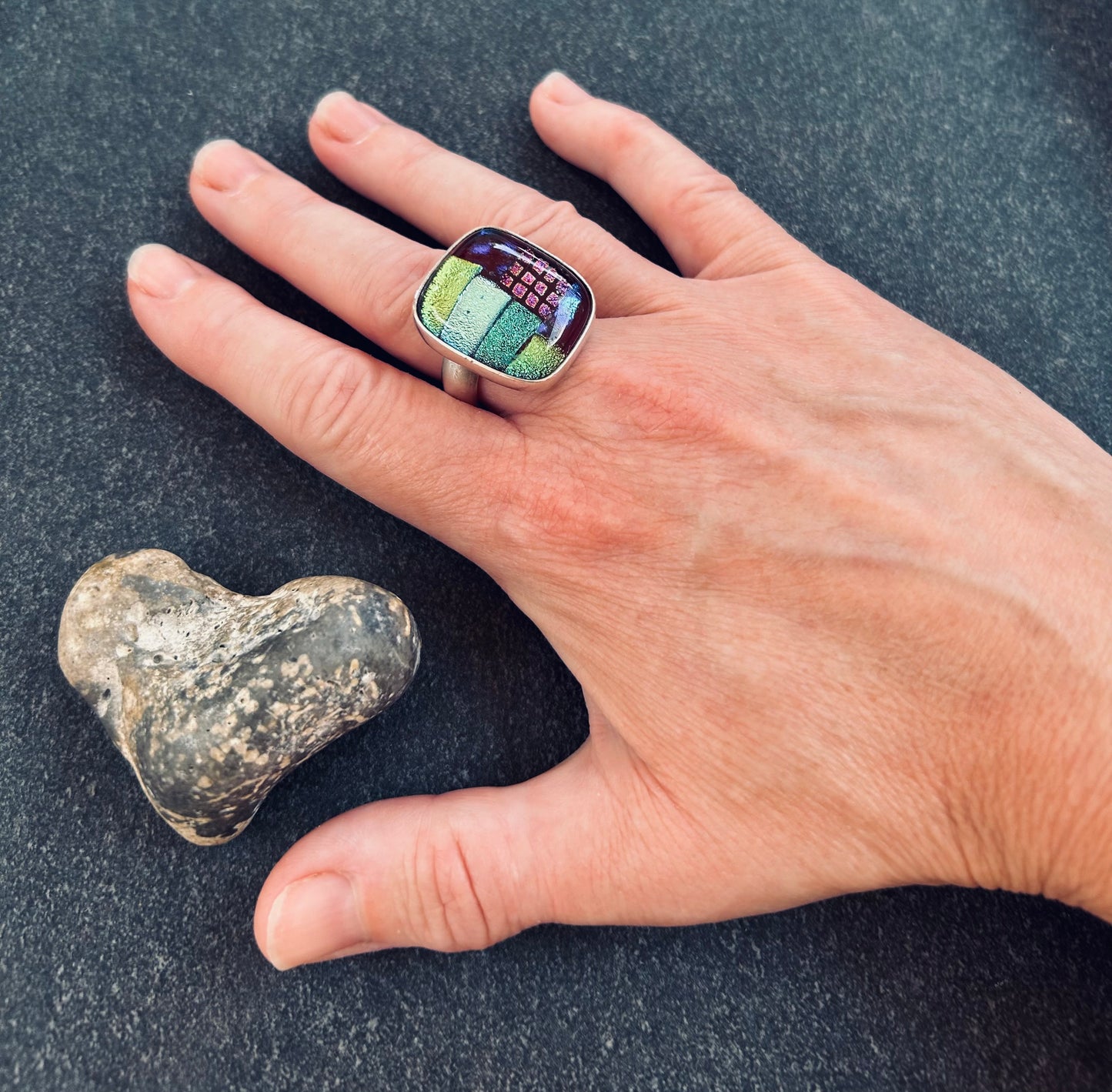 Spectacular vintage sterling silver and Dichroic glass ring.