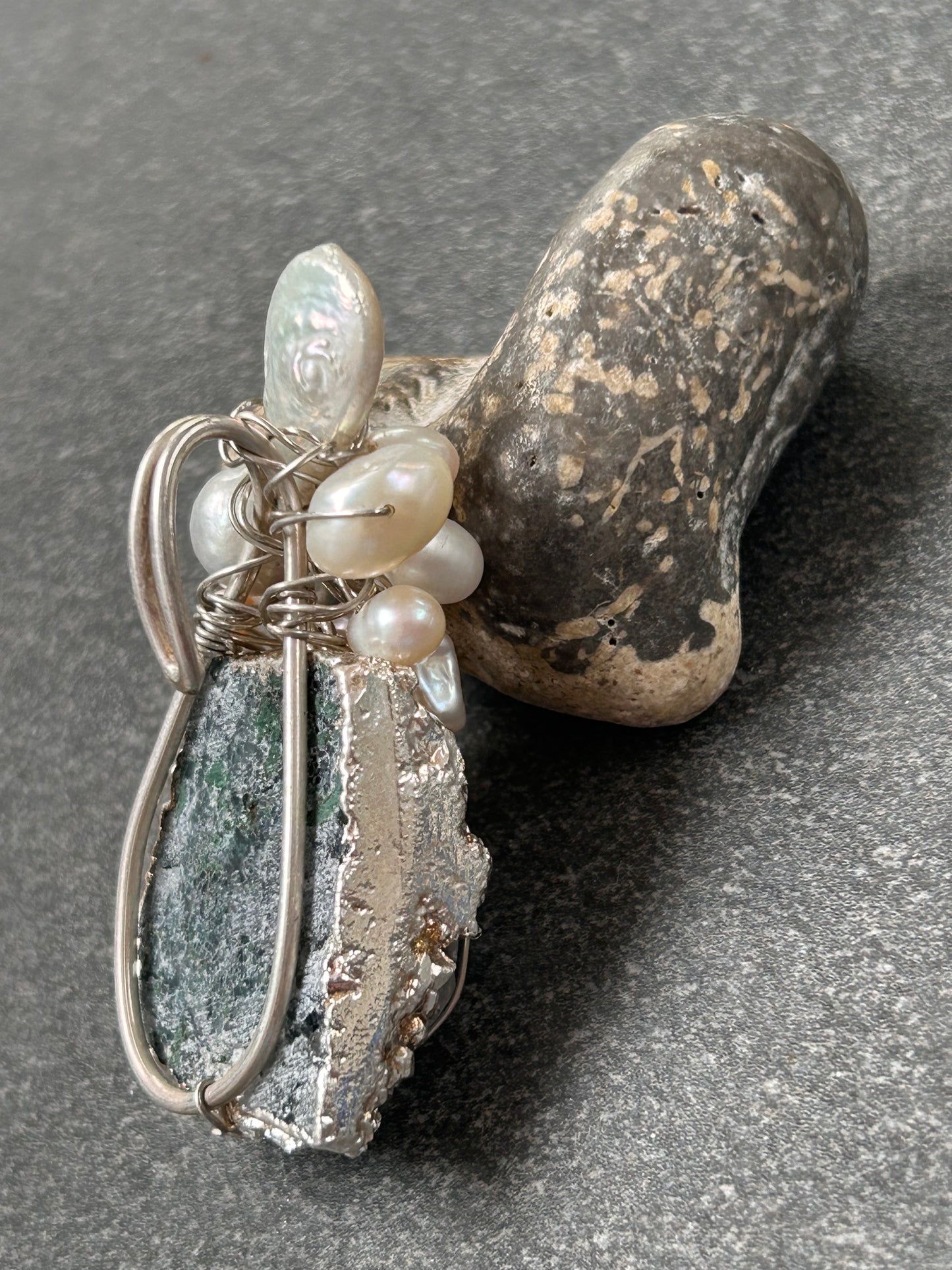 Unique handmade artisan pendant, a combination of Aquamarine crystal, pearls and sterling silver