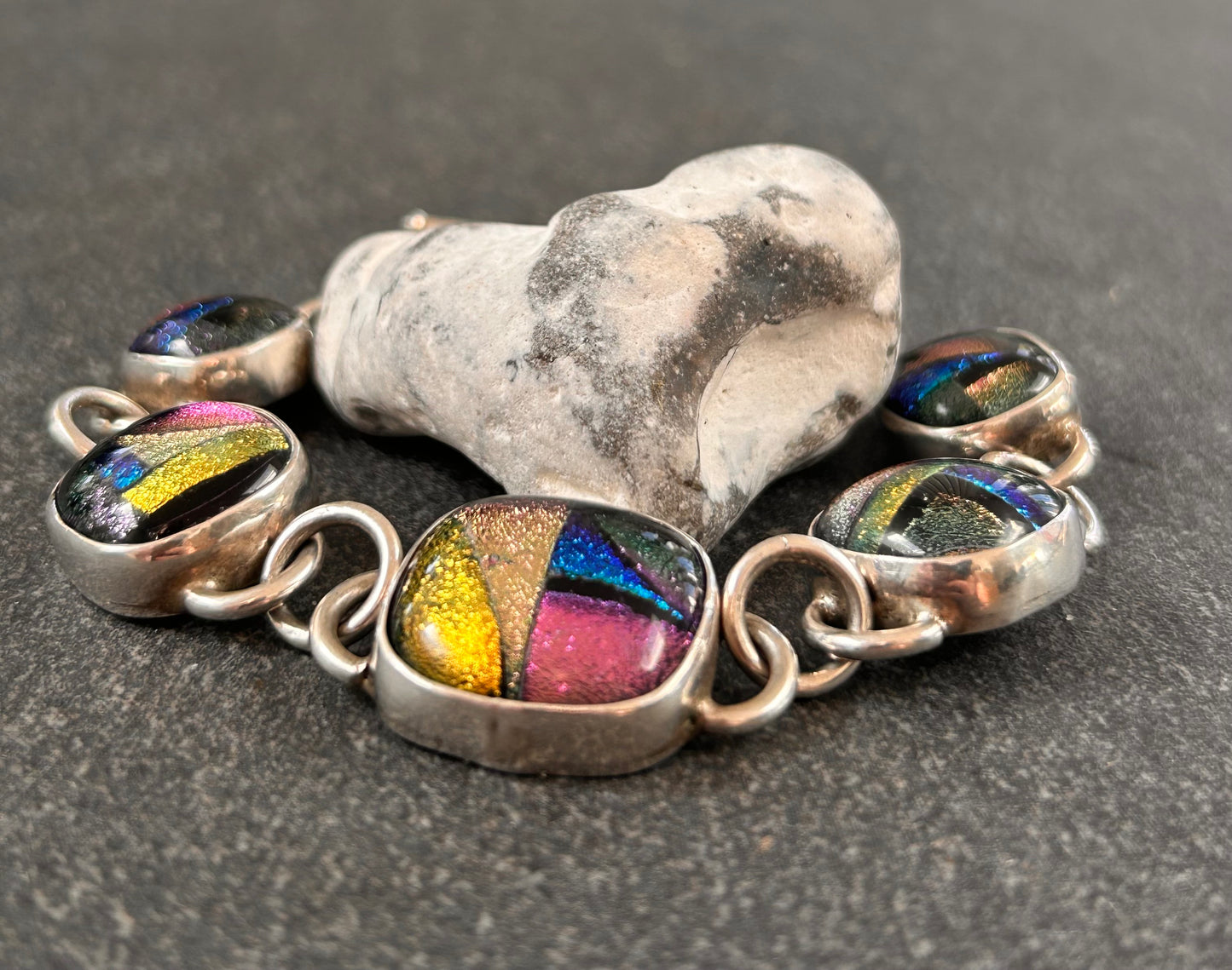 Vintage Sterling Silver Dichroic Glass Bracelet – Statement Piece