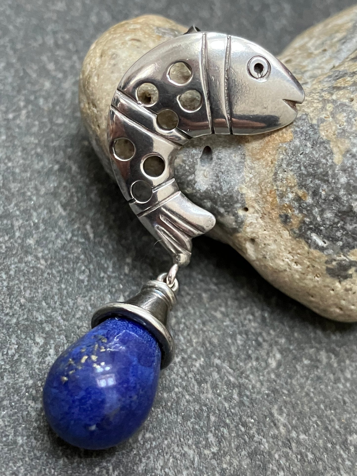 Fantastic vintage sterling silver and lapis lazuli fish earrings. 1996