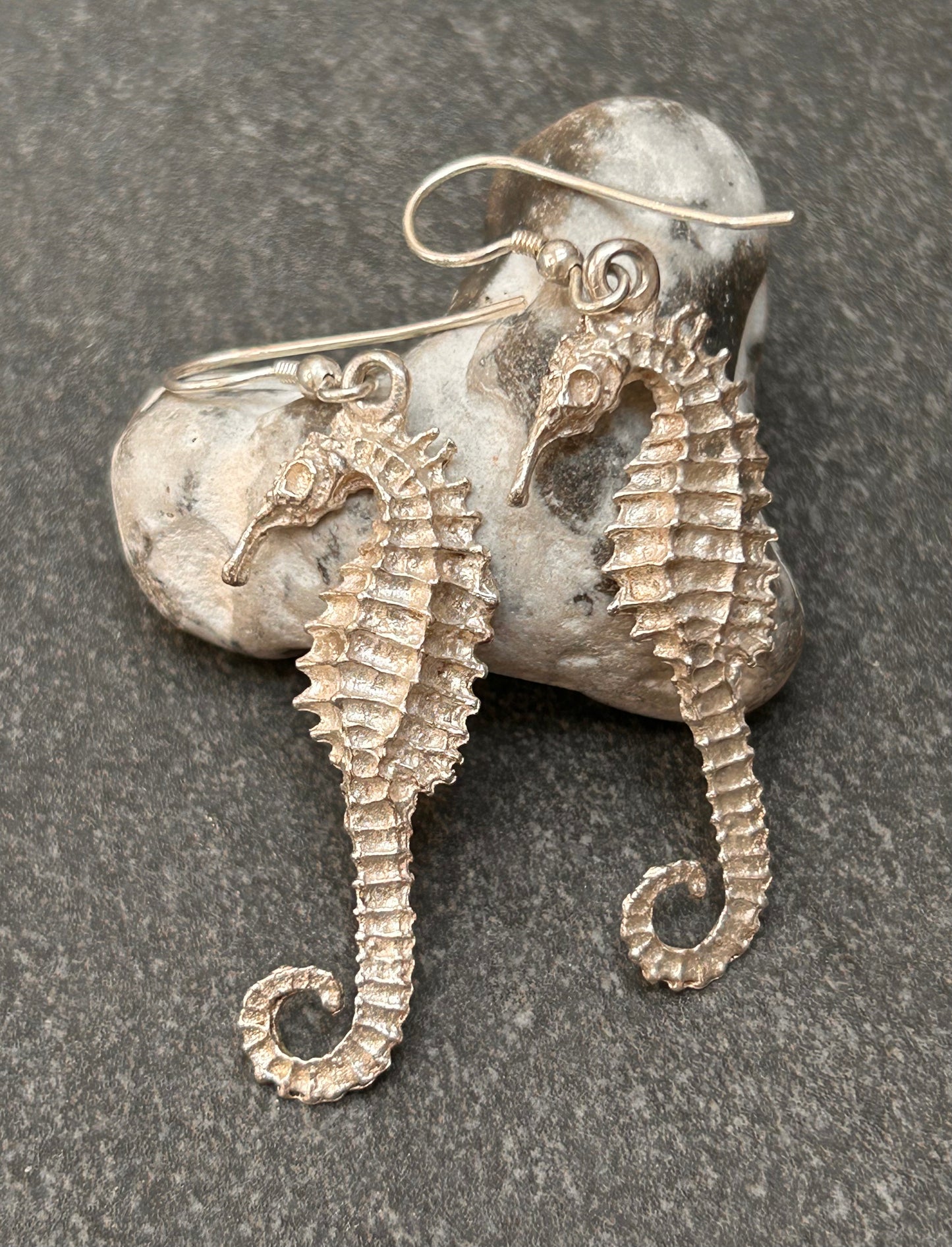 Vintage Artisan Sand-Cast Sterling Silver Seahorse Earrings