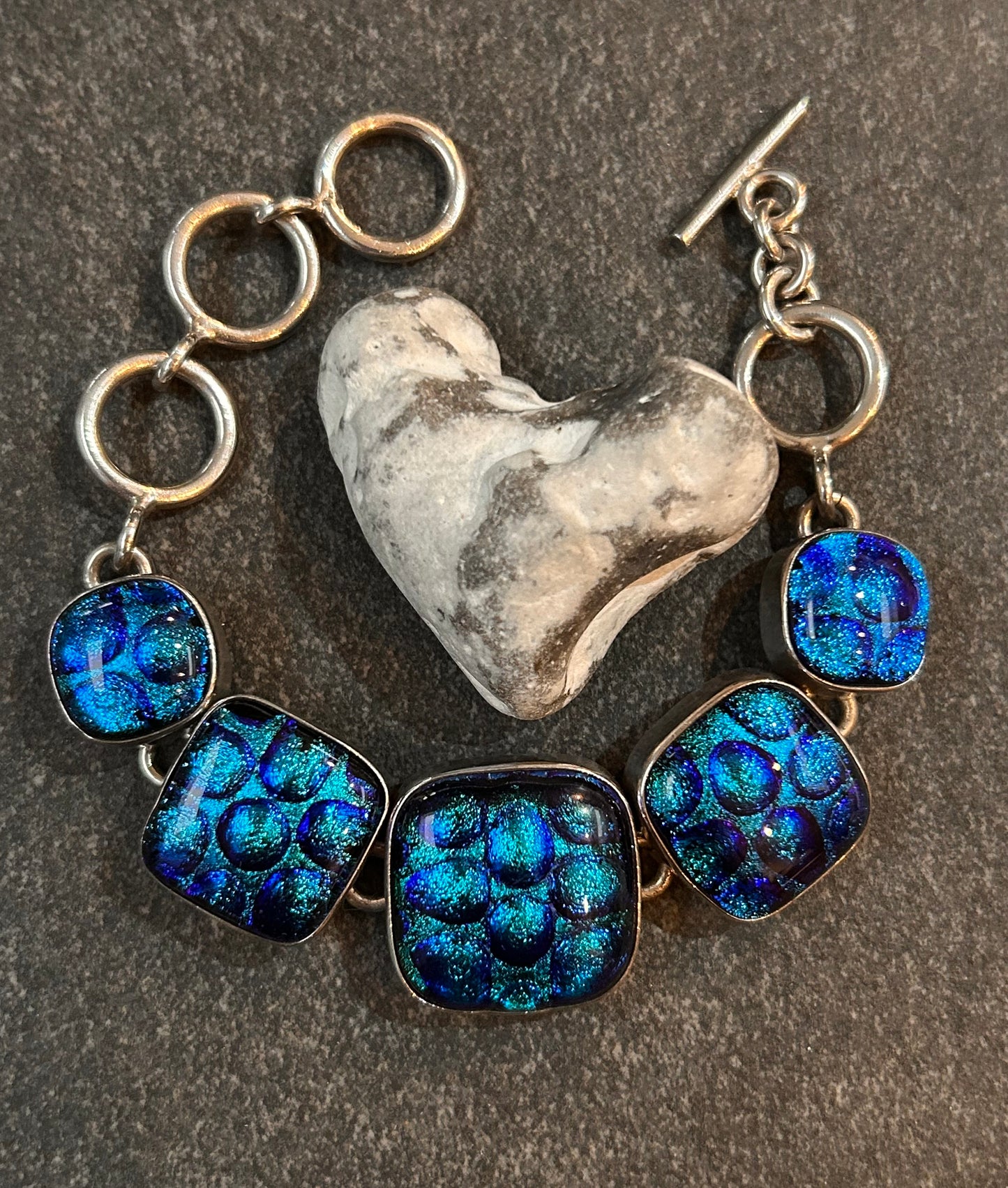 Exceptional vintage sterling silver dichroic glass link bracelet