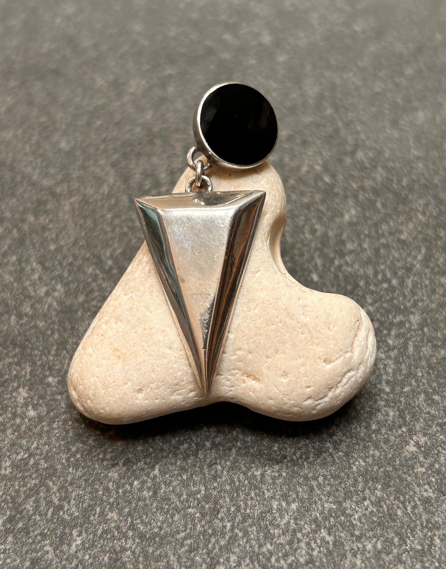 A pair of vintage sterling silver geometric drop earrings with a distinct 1980s aesthetic.