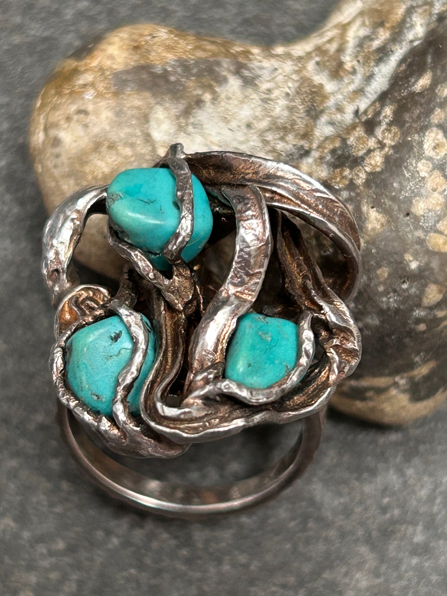 Vintage brutalist sterling and turquoise ring.
