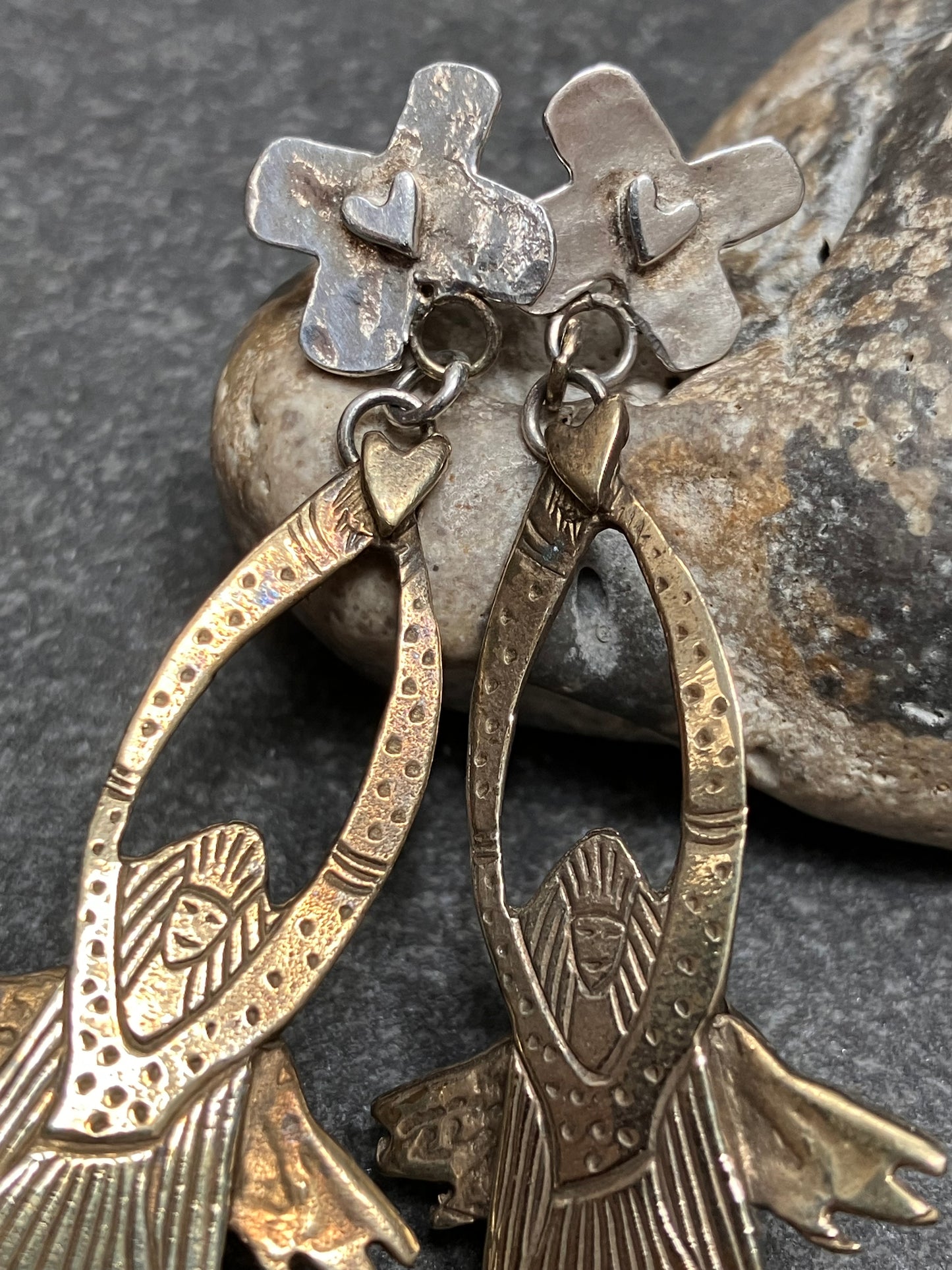 Vintage sterling silver and brass artisan earrings.