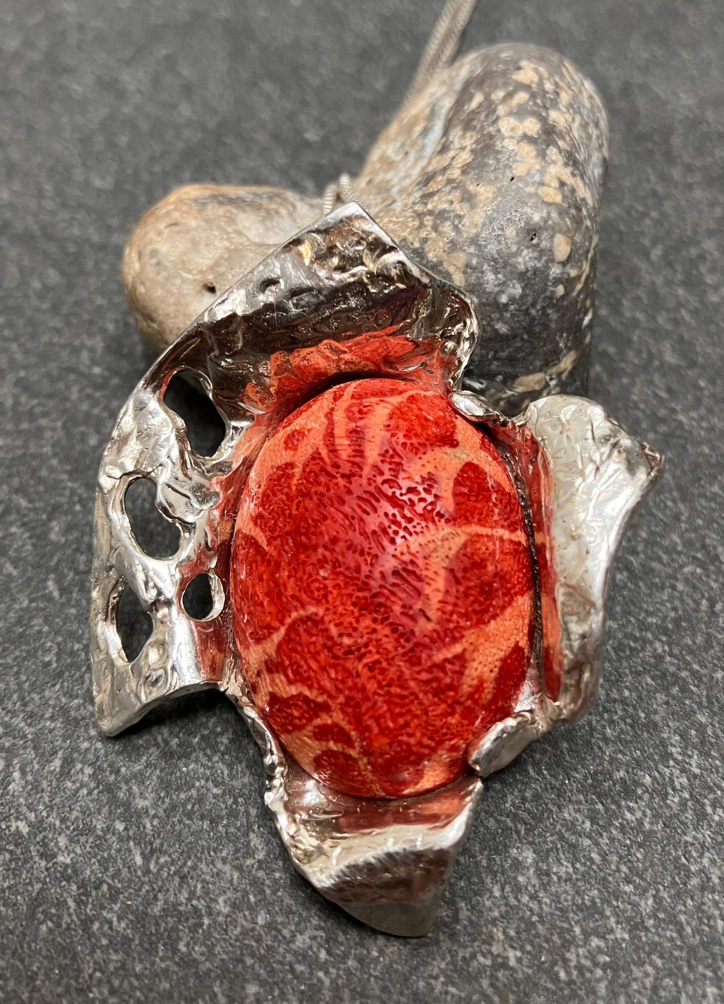 Statement vintage sterling silver and sponge coral artisan pendant with original vintage chain.