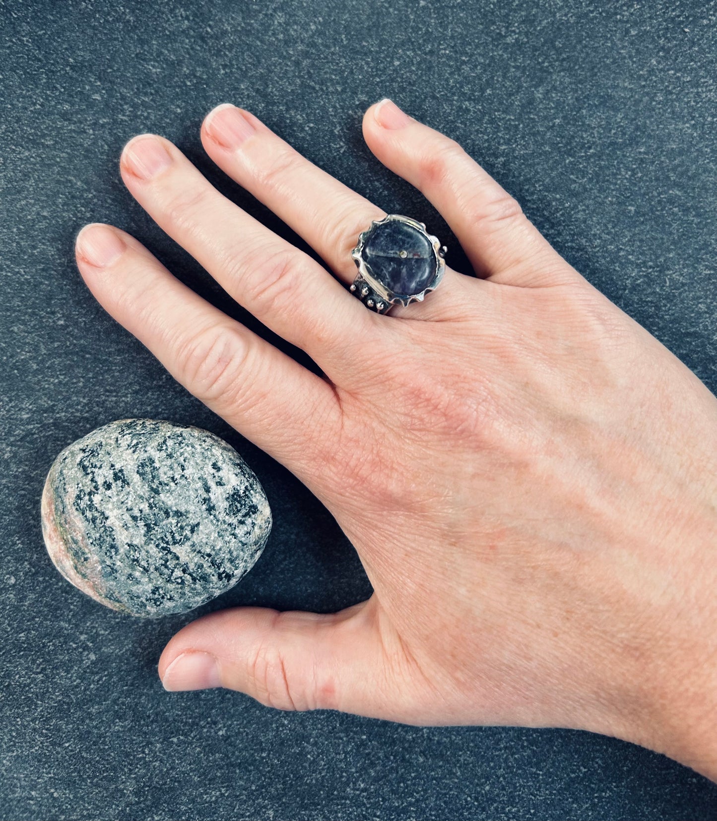 This artisan amethyst ring is a striking, one-of-a-kind.