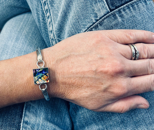 Fantastic Vintage Sterling Silver & Dichroic Glass Bangle