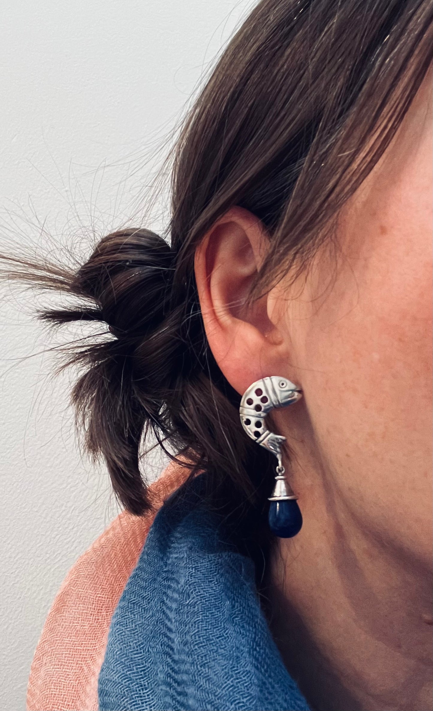 Fantastic vintage sterling silver and lapis lazuli fish earrings. 1996