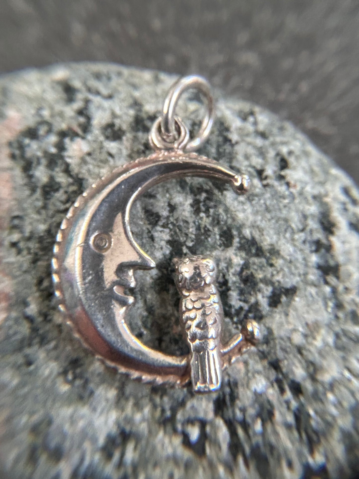 A beautifully whimsical vintage moon and owl pendant