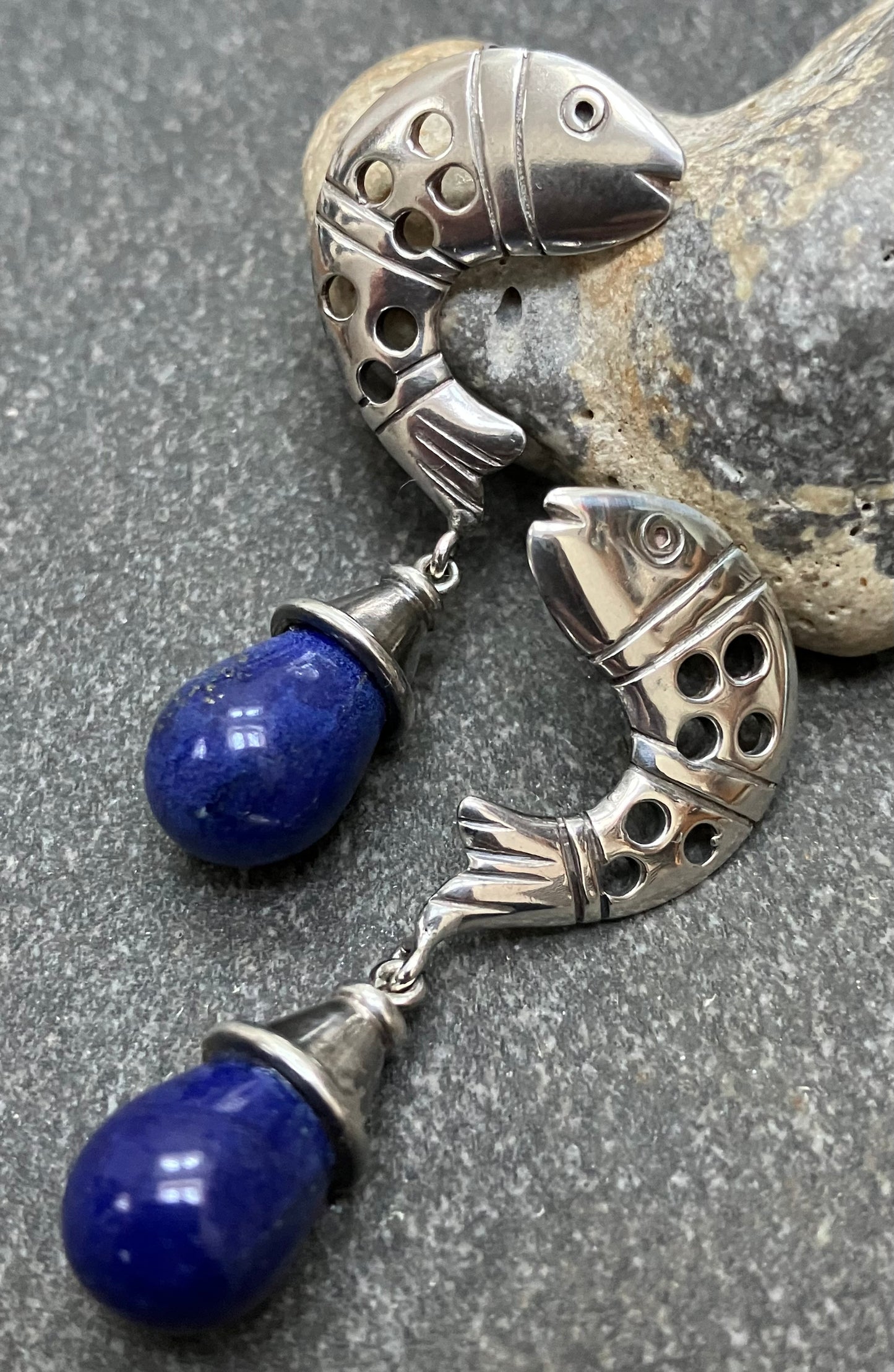 Fantastic vintage sterling silver and lapis lazuli fish earrings. 1996