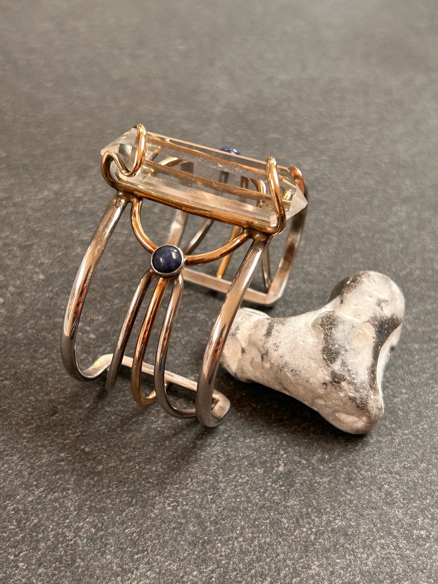 Exceptional Vintage Uma Silbey Sterling Silver, Copper, Quartz and Lapis Lazuli Bangle – Collector's Piece