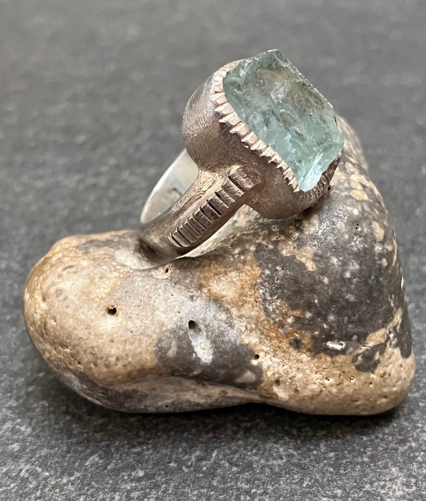 Artisan vintage ‘one off’ raw cut piece of aquamarine crystal ring.