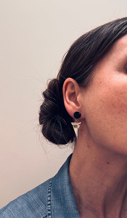 A pair of vintage sterling silver geometric drop earrings with a distinct 1980s aesthetic.