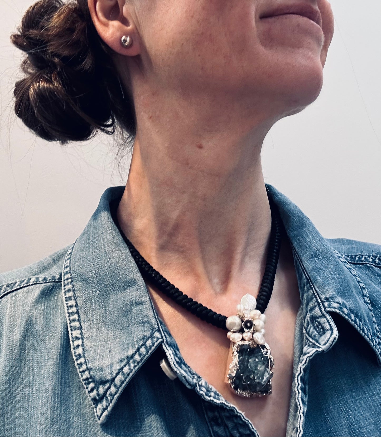 Unique handmade artisan pendant, a combination of Aquamarine crystal, pearls and sterling silver