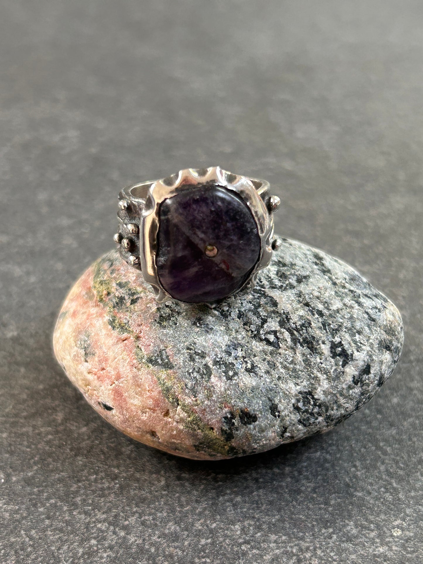 This artisan amethyst ring is a striking, one-of-a-kind.