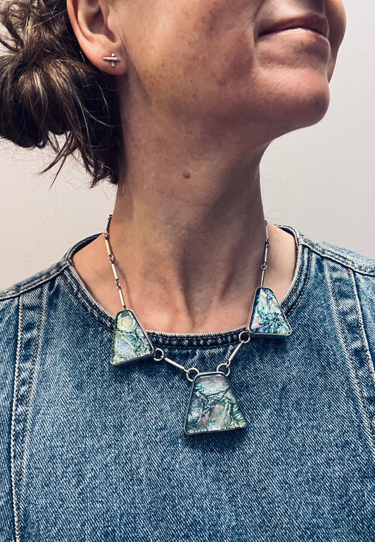 Truly spectacular vintage sterling silver and dichroic glass necklace.