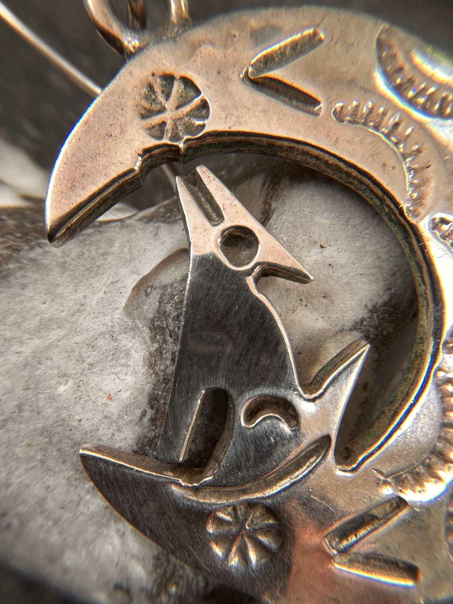 Fantastic vintage sterling silver Mexican earrings featuring a wonderfully whimsical celestial design of a howling wolf nestled within a crescent moon