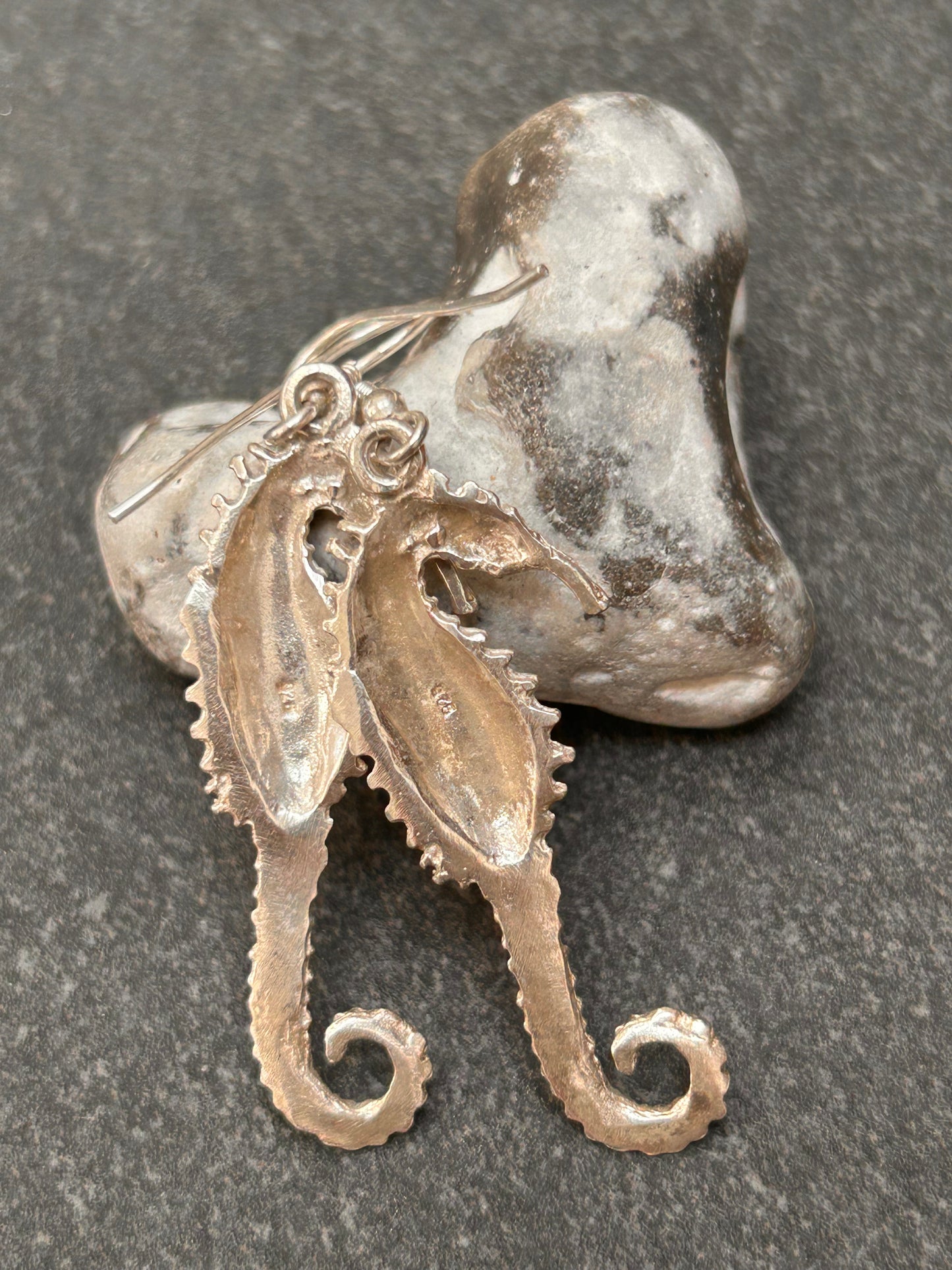 Vintage Artisan Sand-Cast Sterling Silver Seahorse Earrings