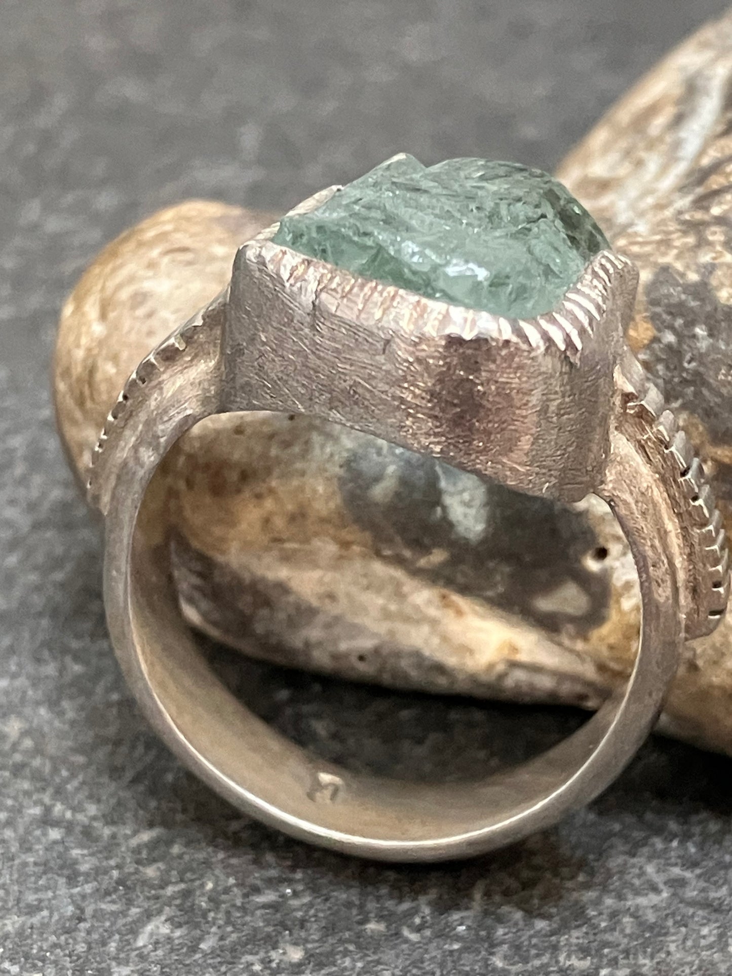 Artisan vintage ‘one off’ raw cut piece of aquamarine crystal ring.