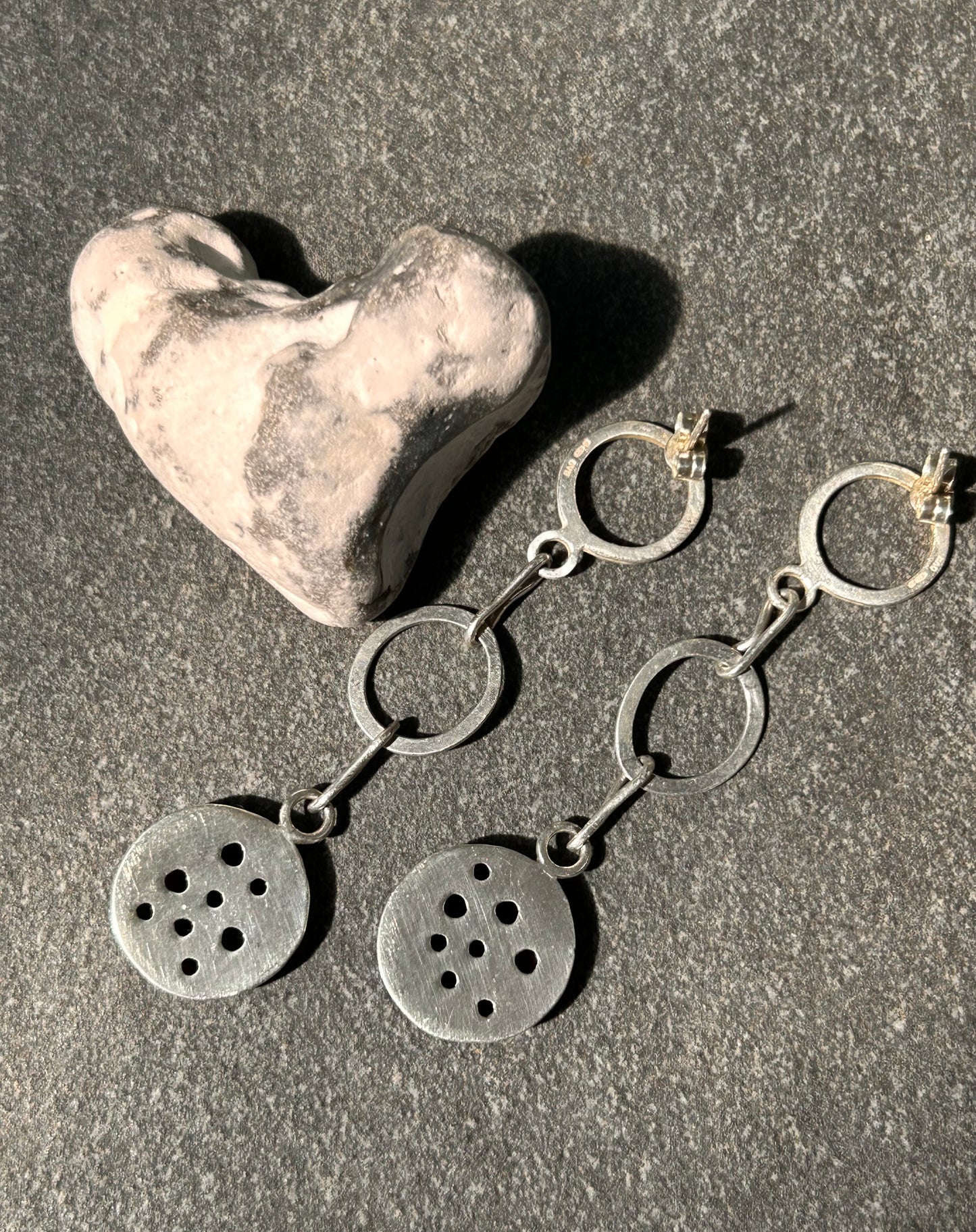 Vintage sterling silver statement drop earrings featuring striking marbled aluminium discs