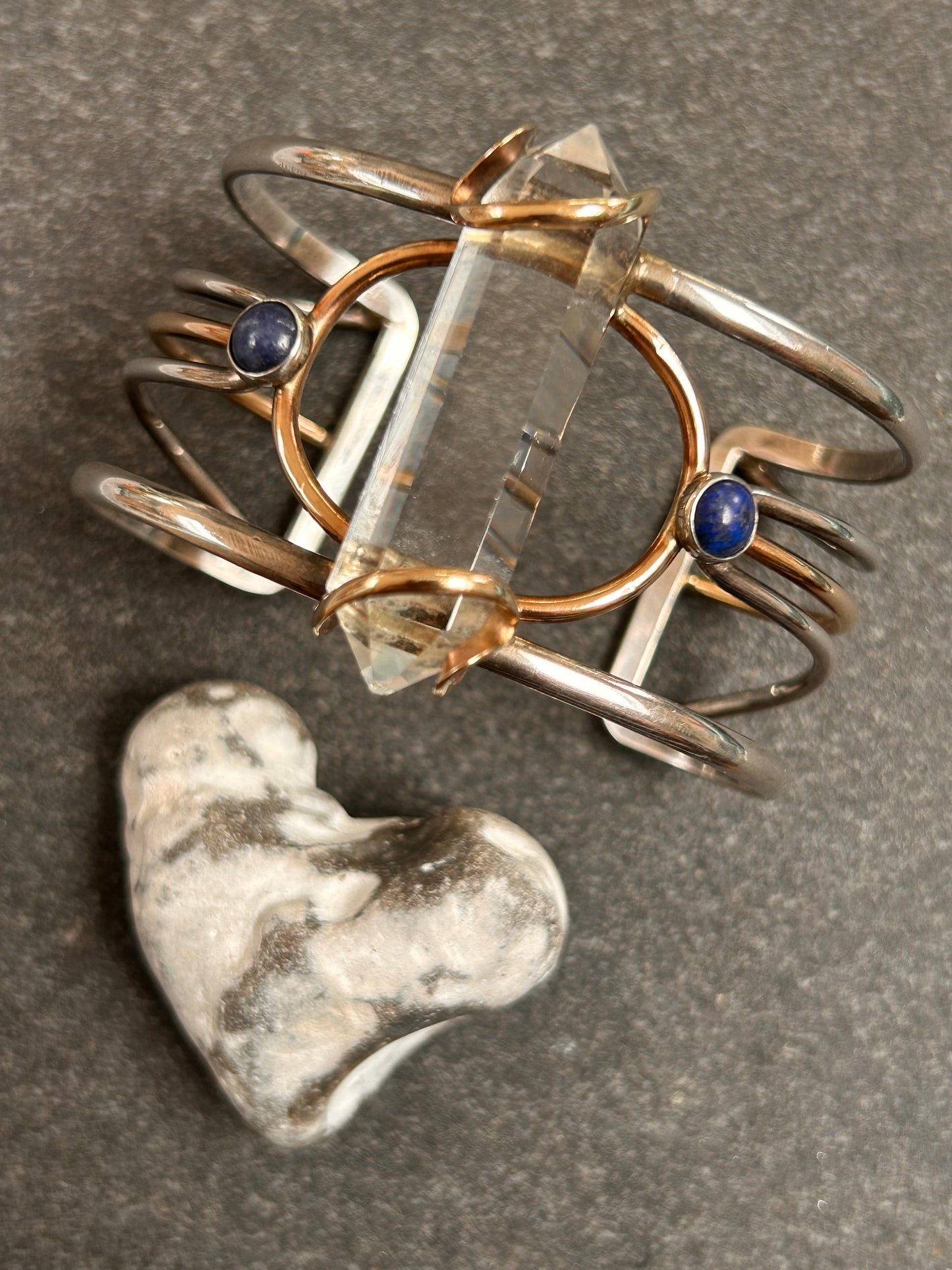 Exceptional Vintage Uma Silbey Sterling Silver, Copper, Quartz and Lapis Lazuli Bangle – Collector's Piece