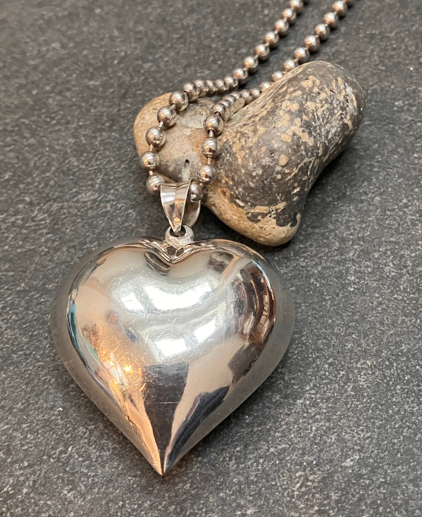 A spectacular vintage sterling silver heart and original sterling silver ball chain. 1994