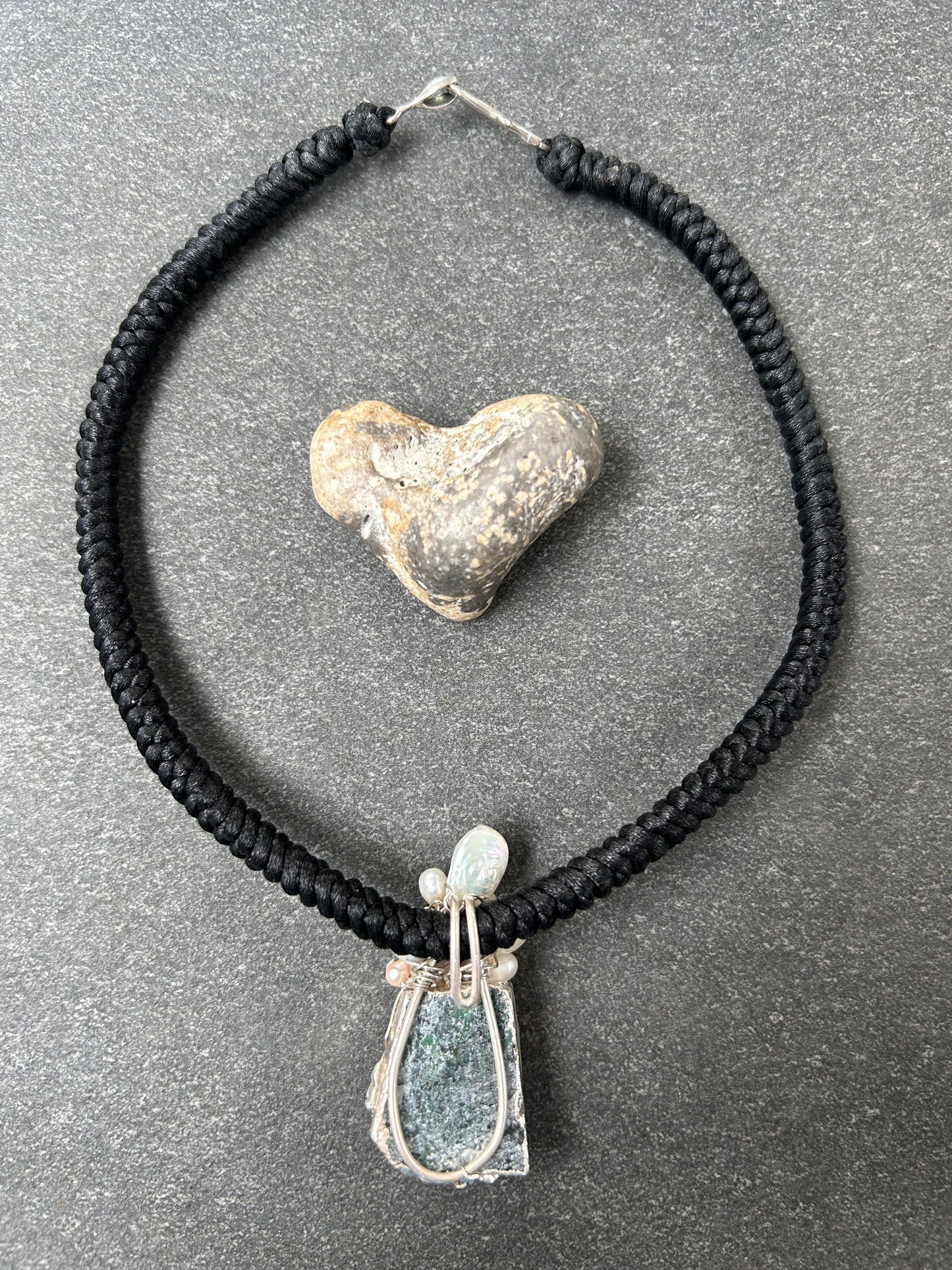 Unique handmade artisan pendant, a combination of Aquamarine crystal, pearls and sterling silver