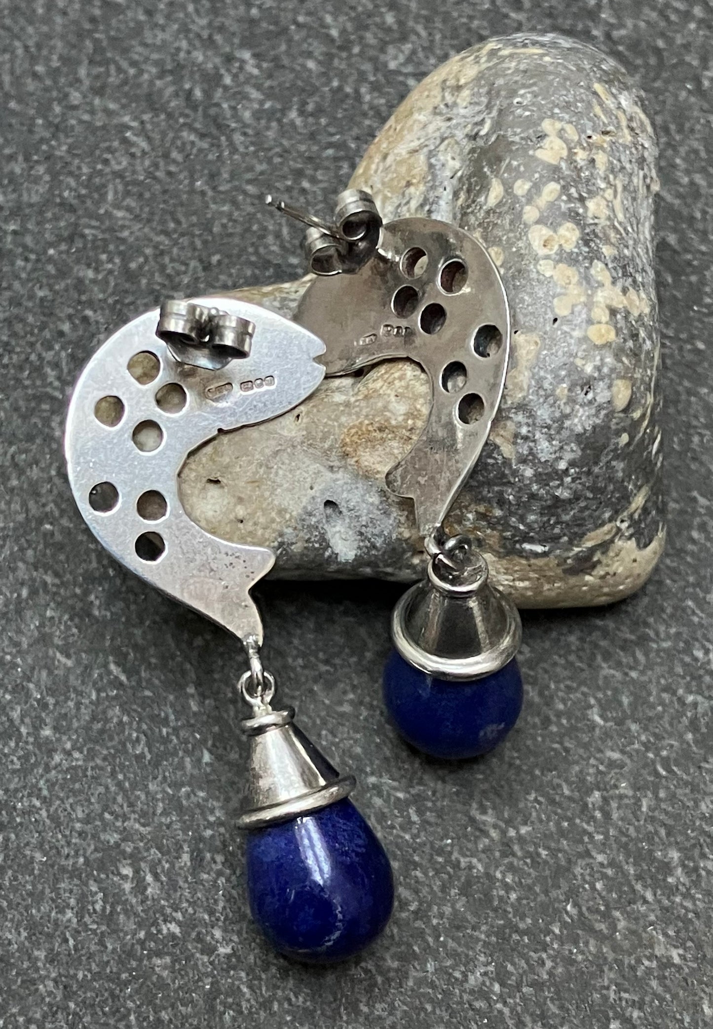 Fantastic vintage sterling silver and lapis lazuli fish earrings. 1996