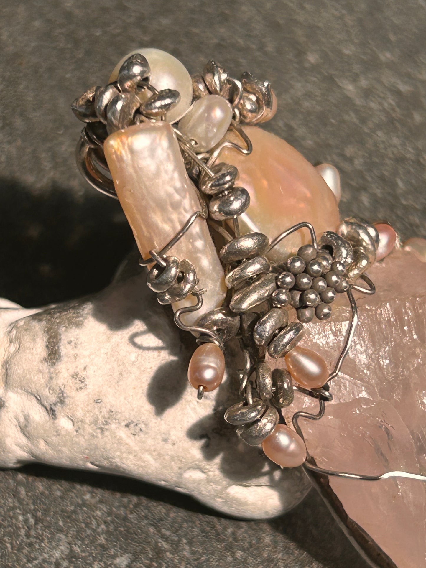 Unique Handmade Rose Quartz, Pearl and Sterling Silver Pendant