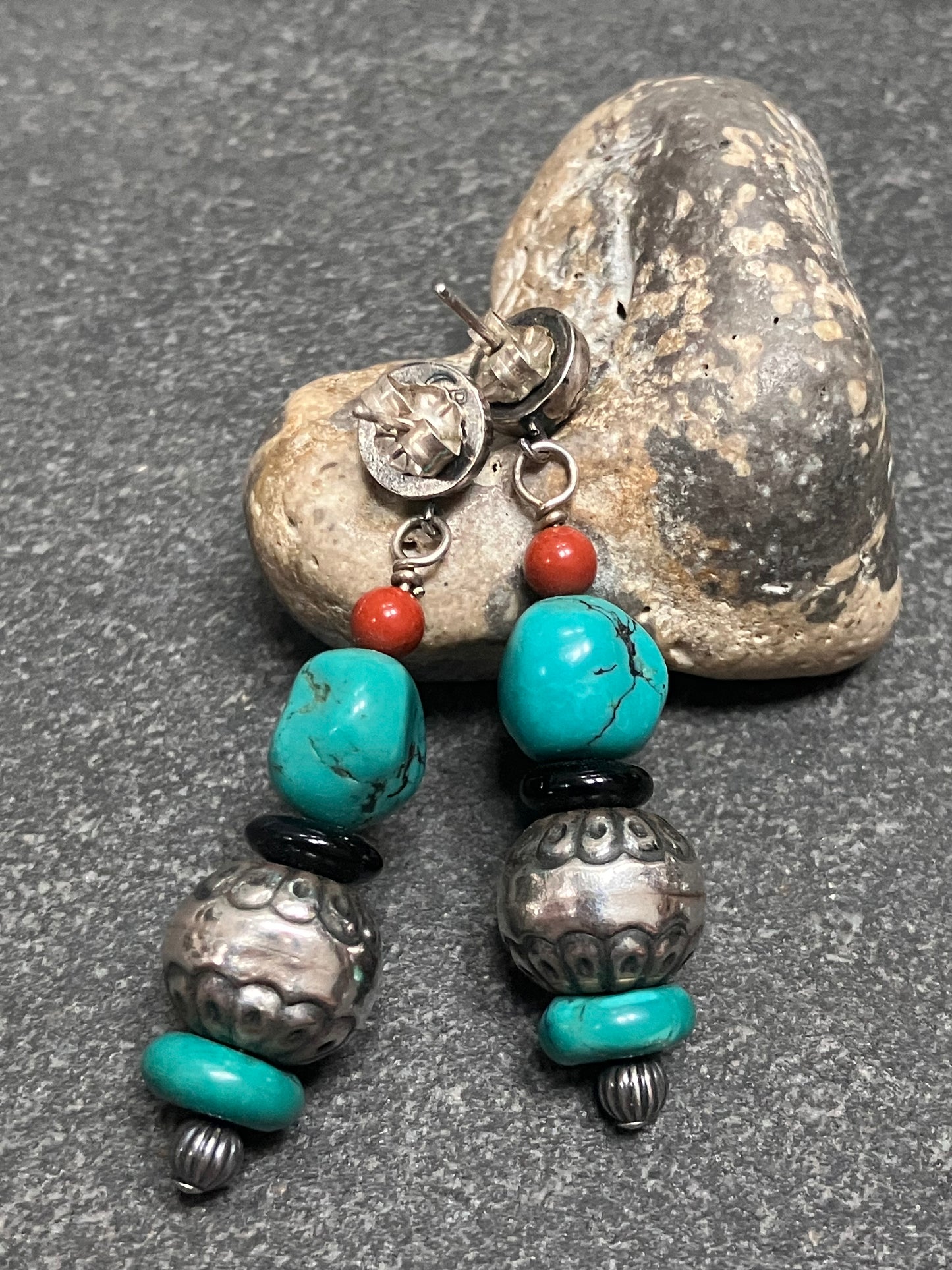 Vintage sterling silver, turquoise, obsidian and mahogany obsidian earrings.