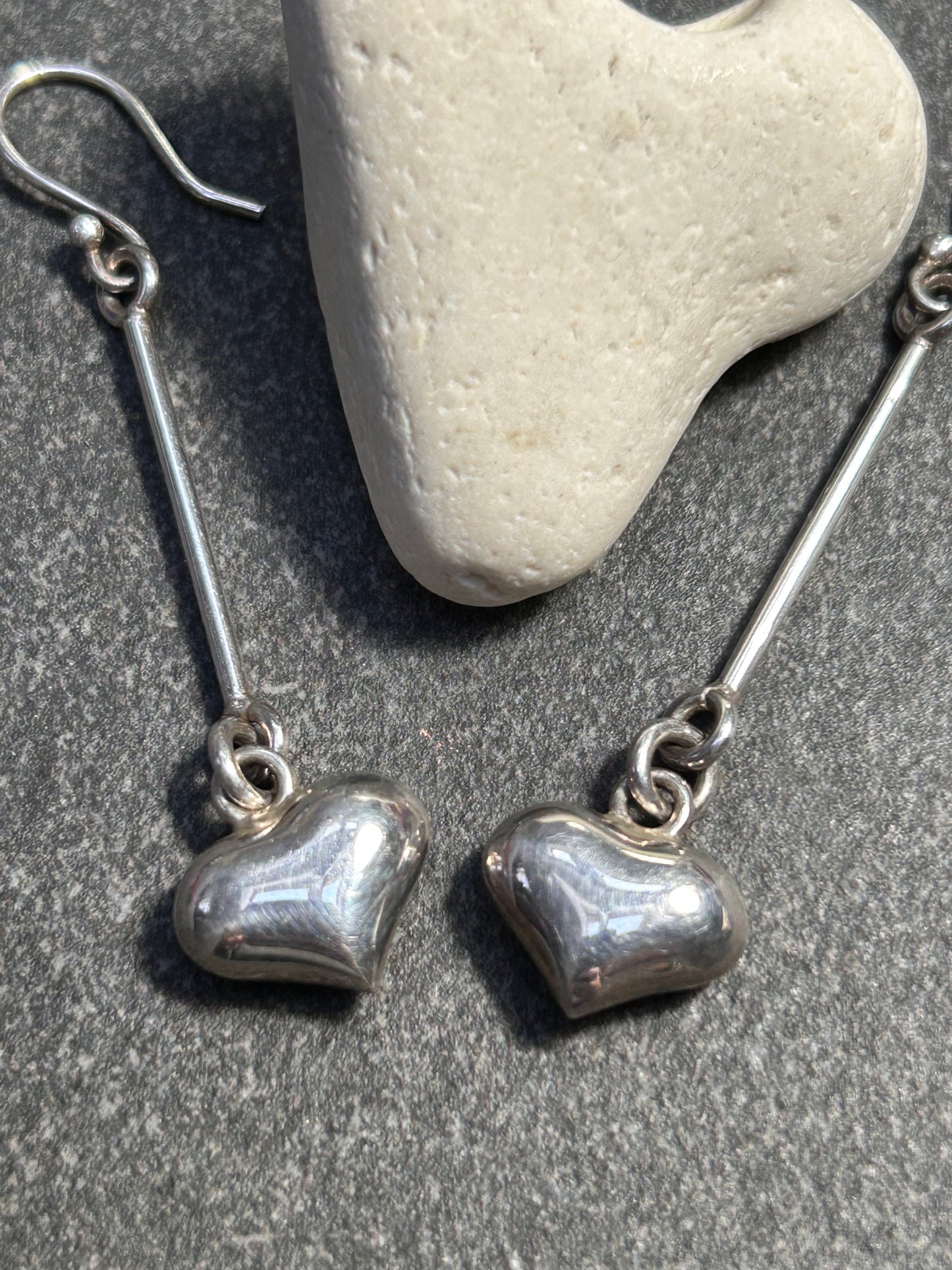 Vintage Sterling Silver Puff Heart Dangle Earrings