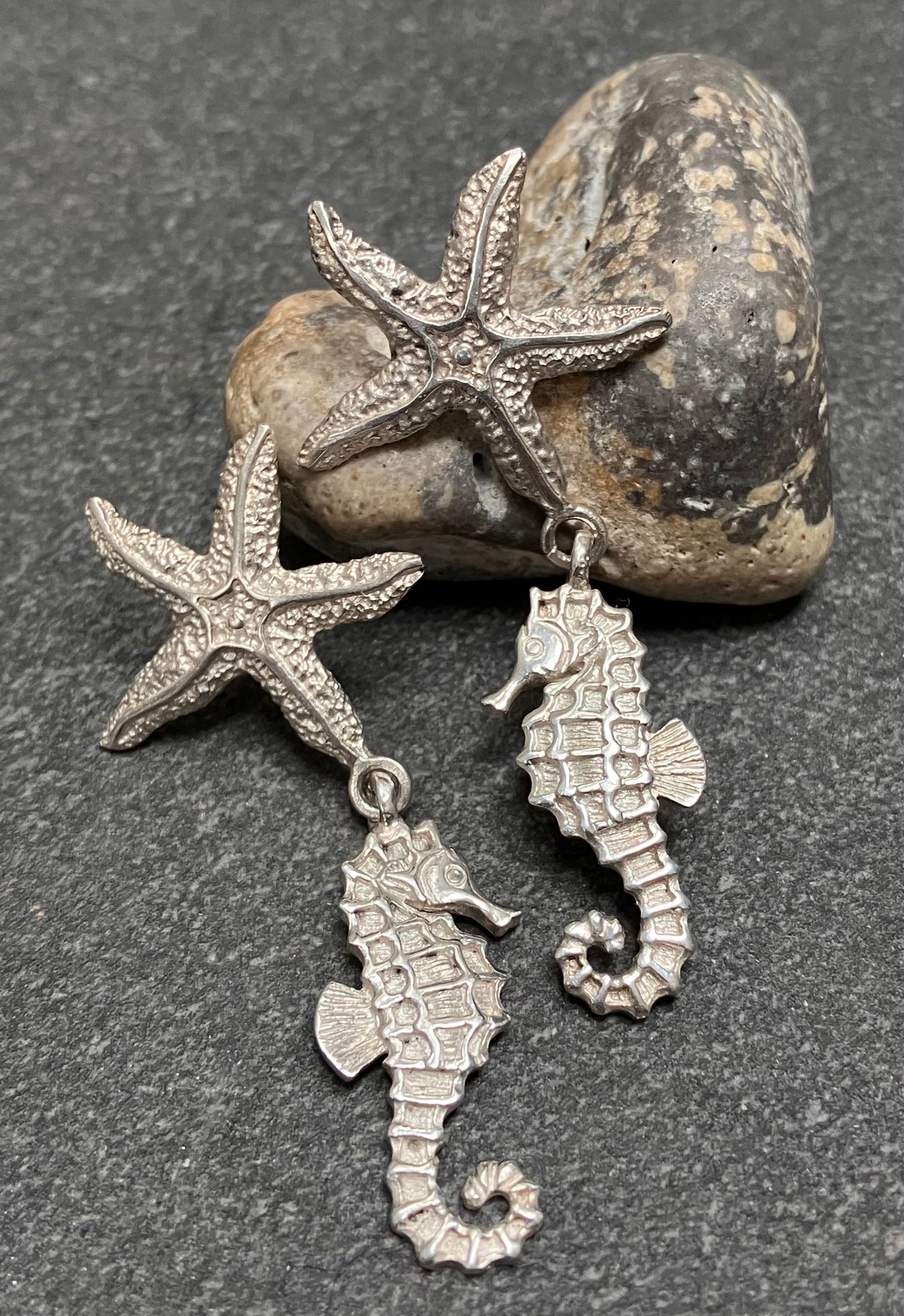 Vintage sterling silver artisan starfish and seahorse earrings. 1998