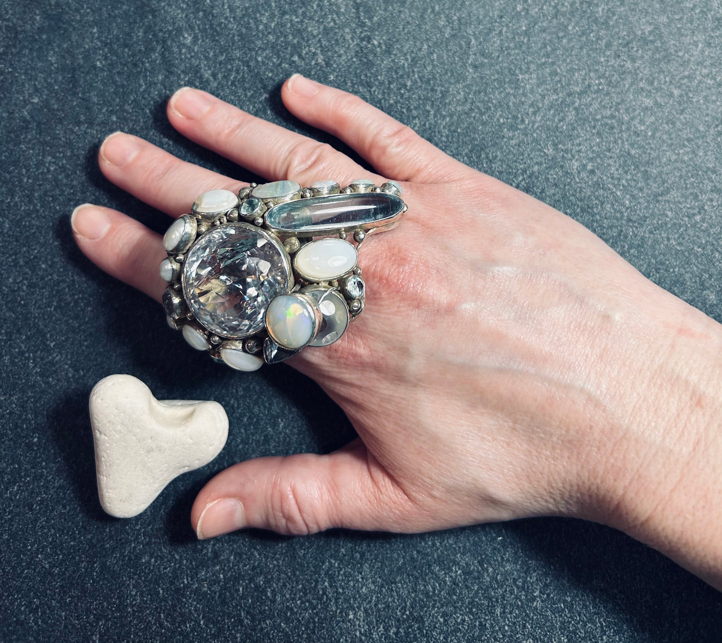 Spectacular Polish Artisan Double-Finger Ring.
Sterling Silver, Rock Crystal, Topaz, Opals, Aquamarine & Pearls.