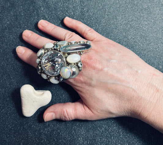 Spectacular Polish Artisan Double-Finger Ring.
Sterling Silver, Rock Crystal, Topaz, Opals, Aquamarine & Pearls.