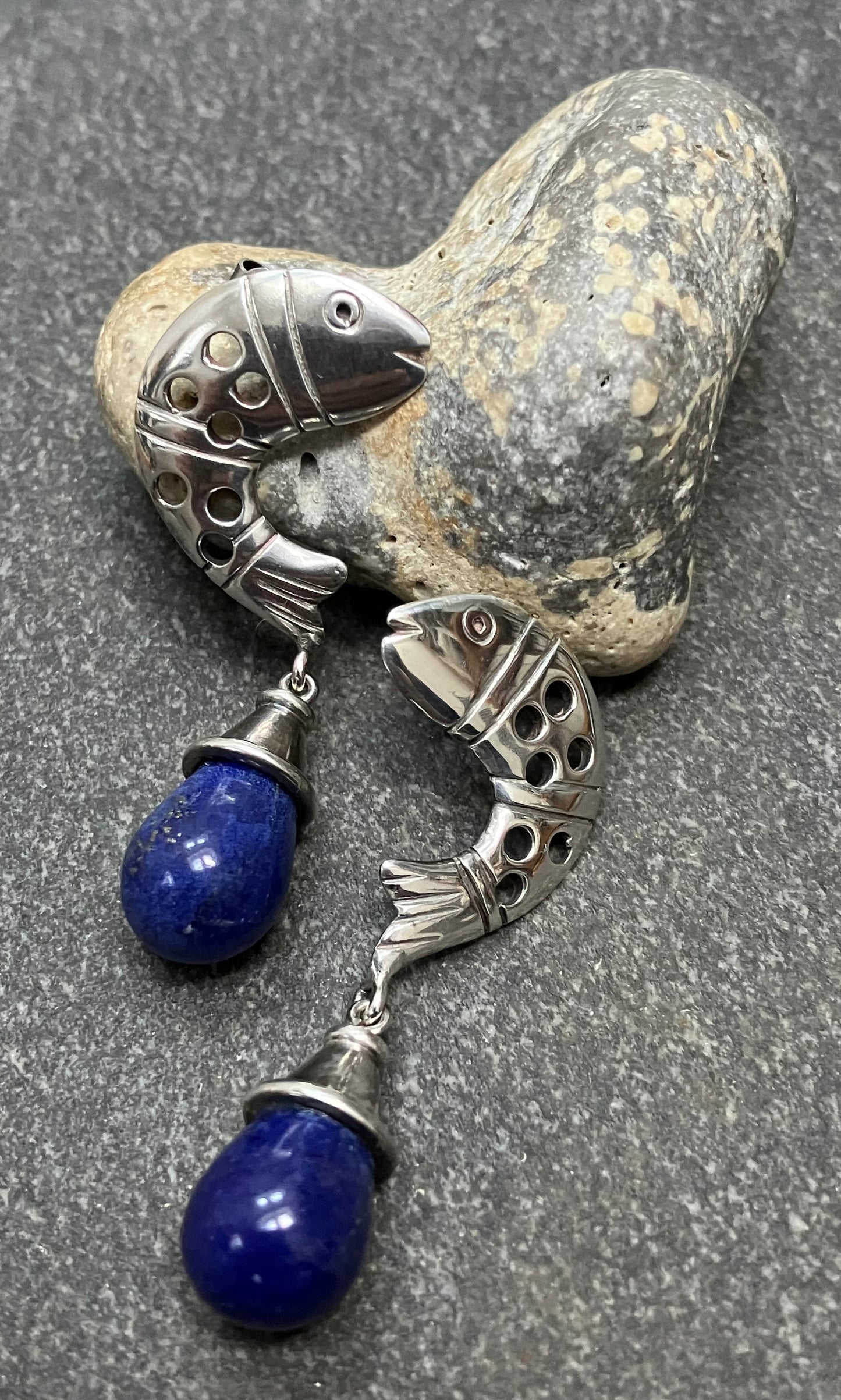 Fantastic vintage sterling silver and lapis lazuli fish earrings. 1996