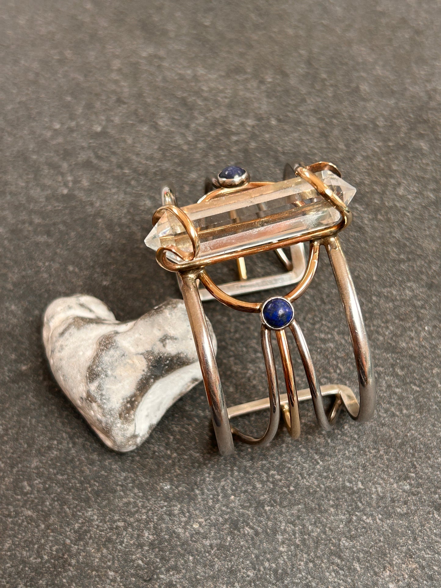 Exceptional Vintage Uma Silbey Sterling Silver, Copper, Quartz and Lapis Lazuli Bangle – Collector's Piece