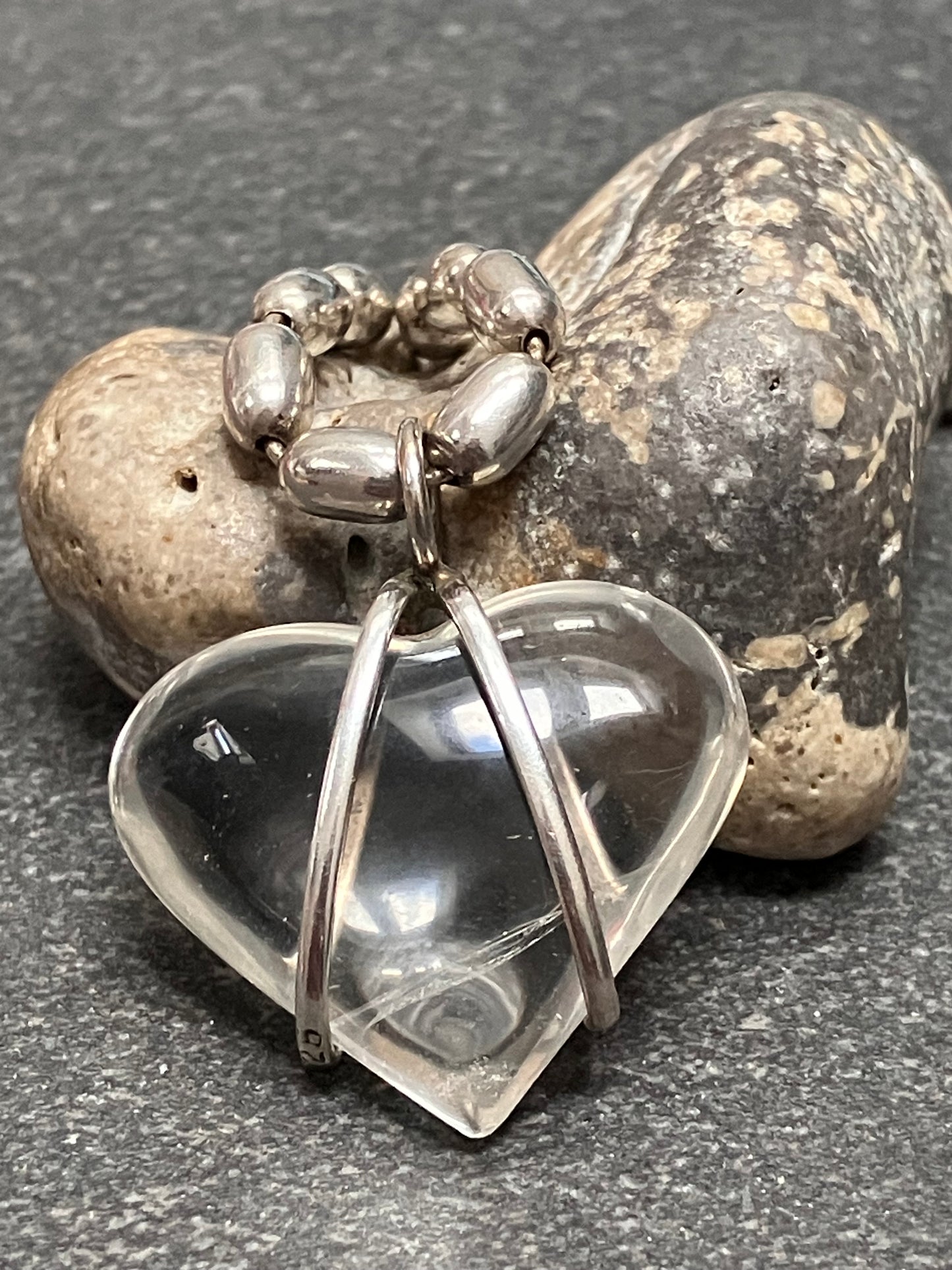 Vintage sterling silver and clear quartz stone heart necklace with original sterling chain.