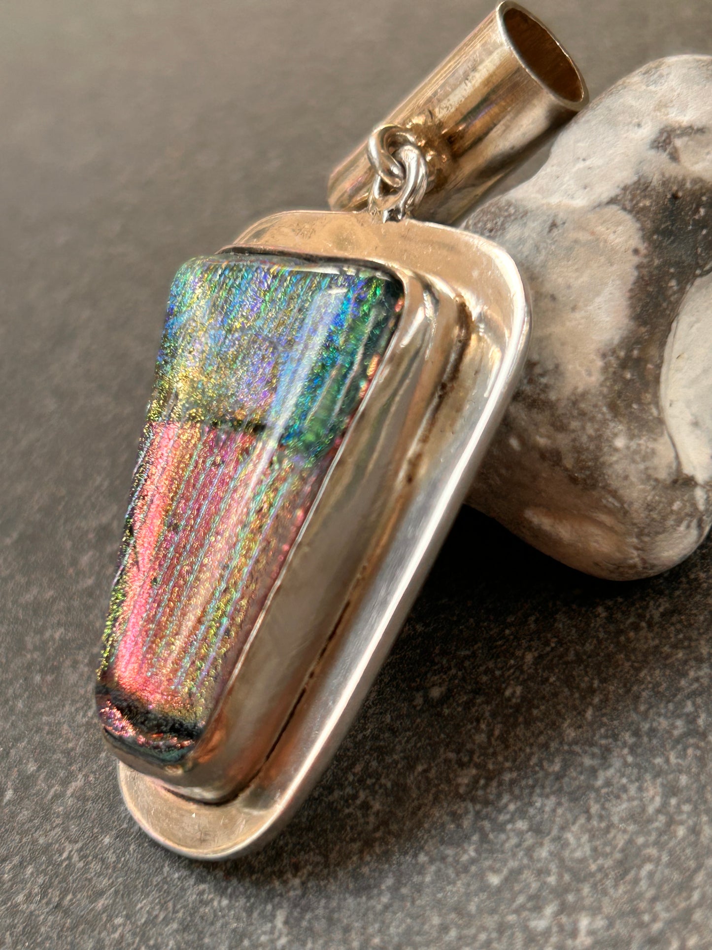 A striking vintage sterling silver dichroic glass pendant in an exceptional large statement size