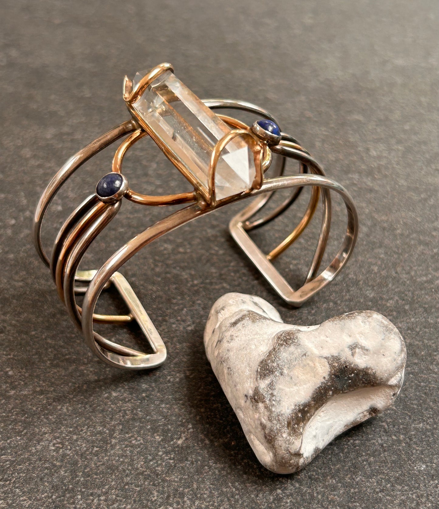 Exceptional Vintage Uma Silbey Sterling Silver, Copper, Quartz and Lapis Lazuli Bangle – Collector's Piece