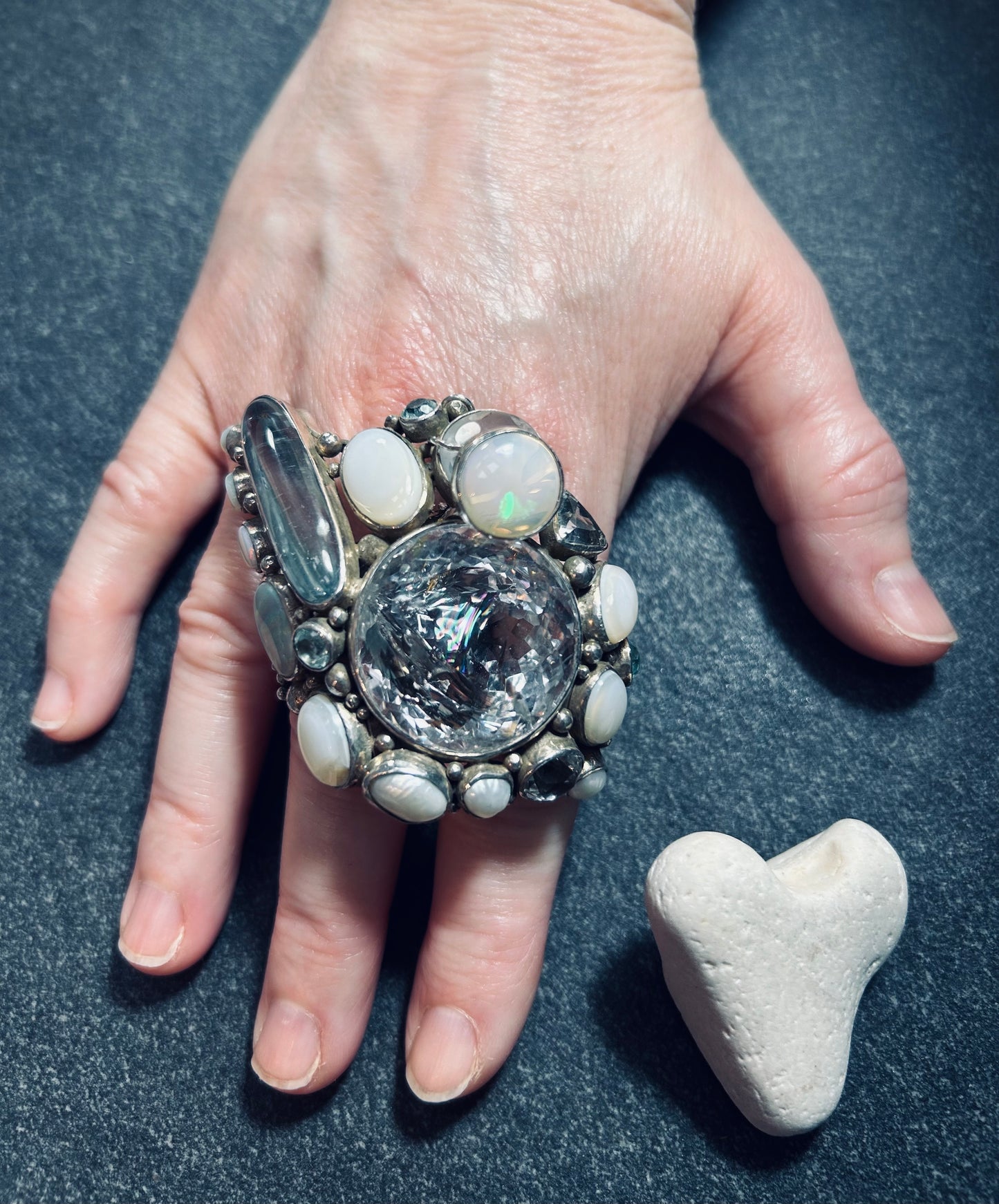 Spectacular Polish Artisan Double-Finger Ring.
Sterling Silver, Rock Crystal, Topaz, Opals, Aquamarine & Pearls.