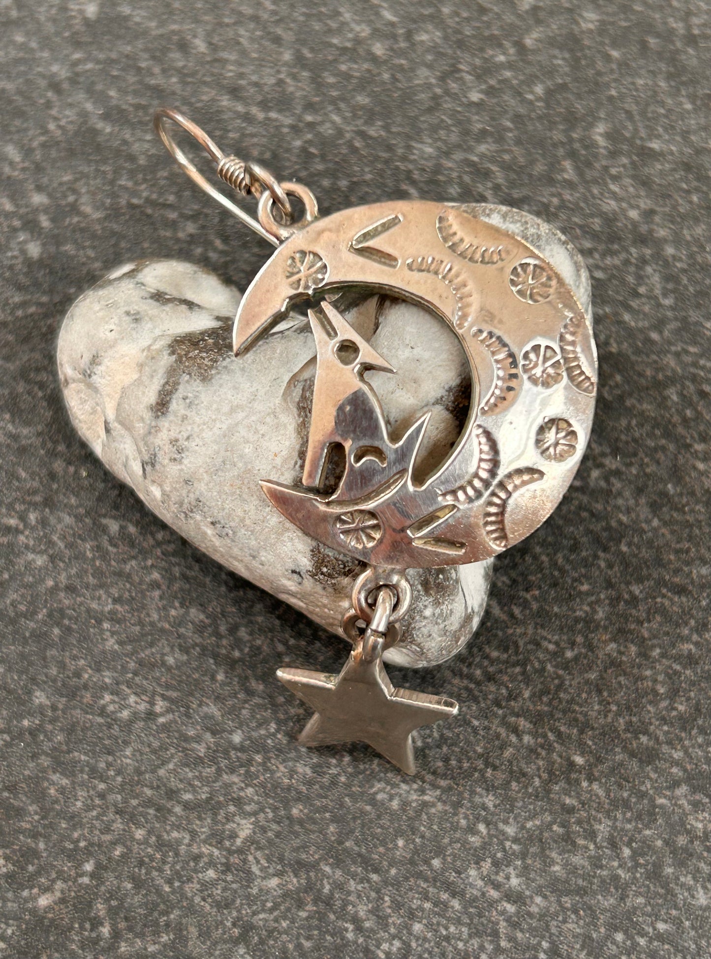 Fantastic vintage sterling silver Mexican earrings featuring a wonderfully whimsical celestial design of a howling wolf nestled within a crescent moon